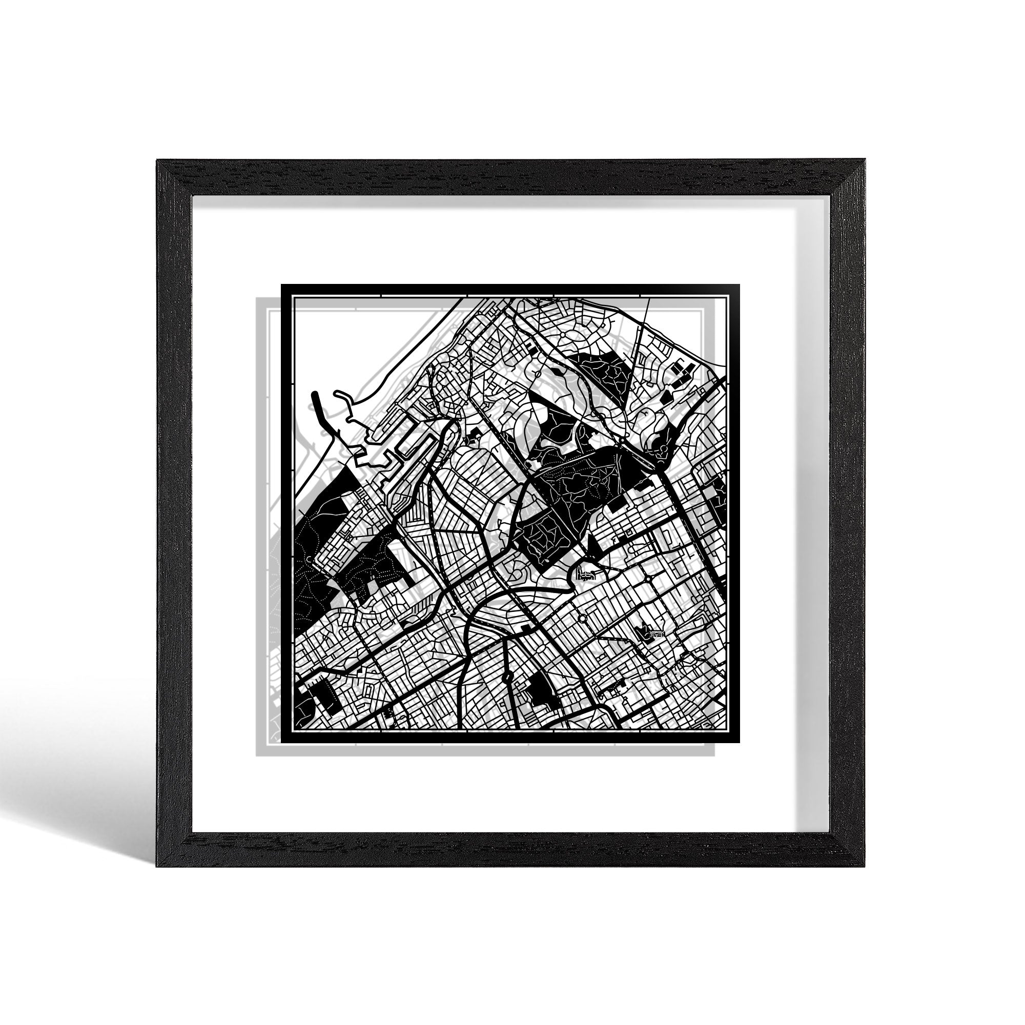 o3designstudio The Hague Paper cut map framed 9 inch Black map Black frame map art 22MF3039BB