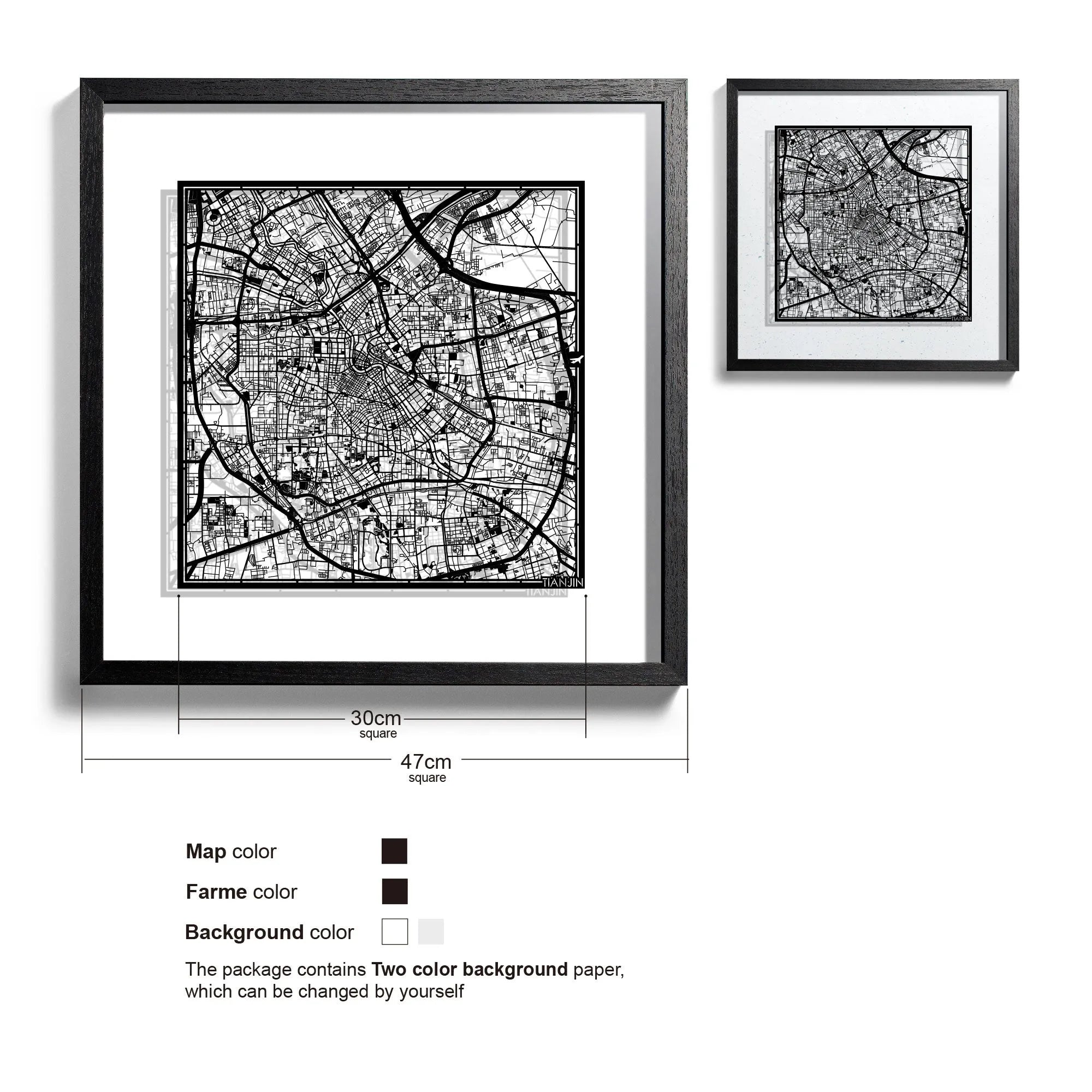 o3designstudio-Tianjin-Paper-cut-map-framed-18-inch-Black map Black frame- 45MF1034BB