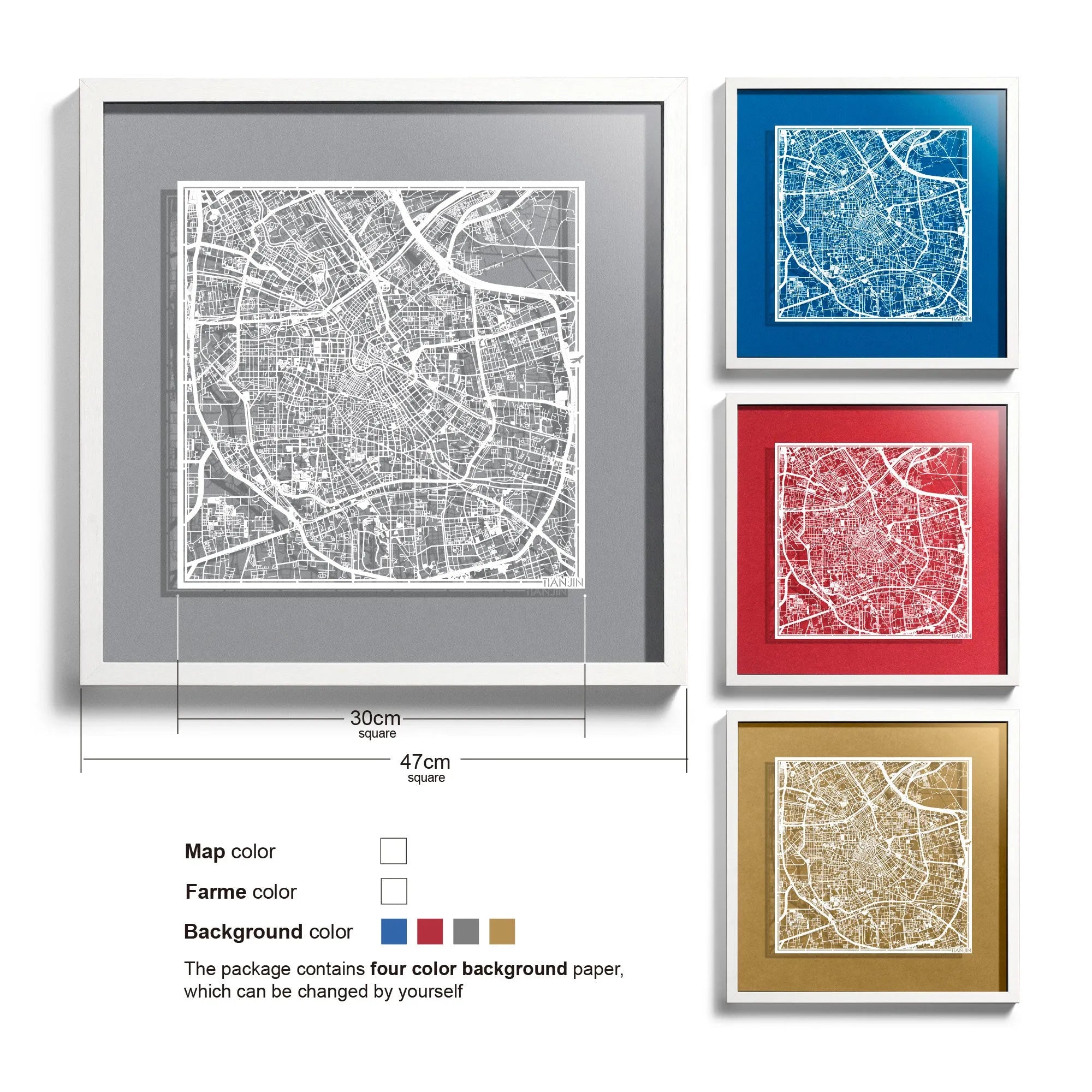 o3designstudio-Tianjin-Paper-cut-map-framed-18-inch-White map White frame- 45MF1034WW
