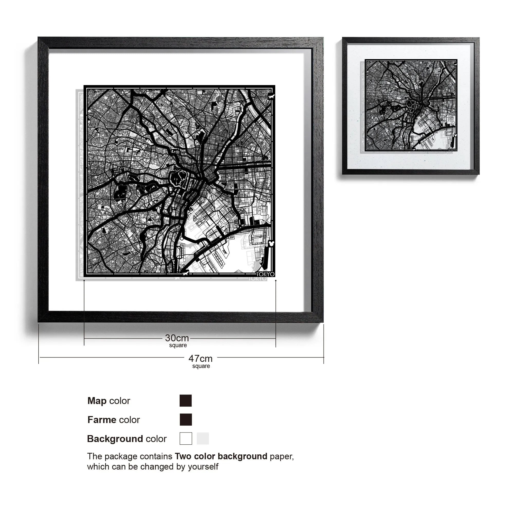 o3designstudio-Tokyo-Paper-cut-map-framed-18-inch-Black map Black frame- 45MF1003BB