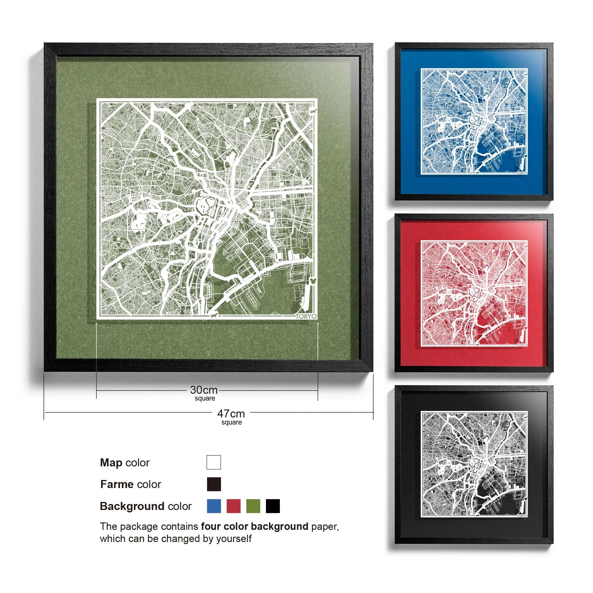 o3designstudio-Tokyo-Paper-cut-map-framed-18-inch-White map Black frame- 45MF1003BW