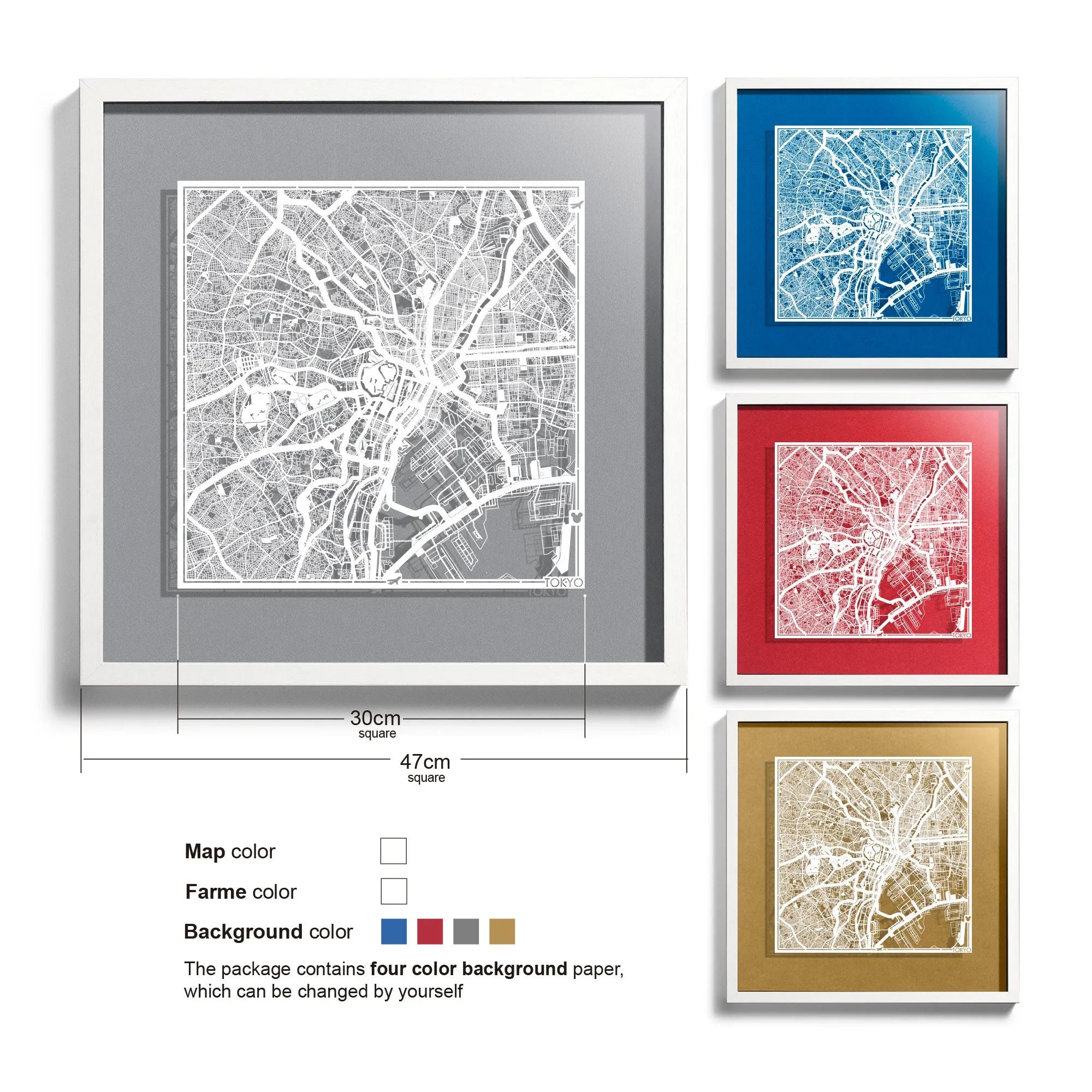 o3designstudio-Tokyo-Paper-cut-map-framed-18-inch-White map White frame- 45MF1003WW