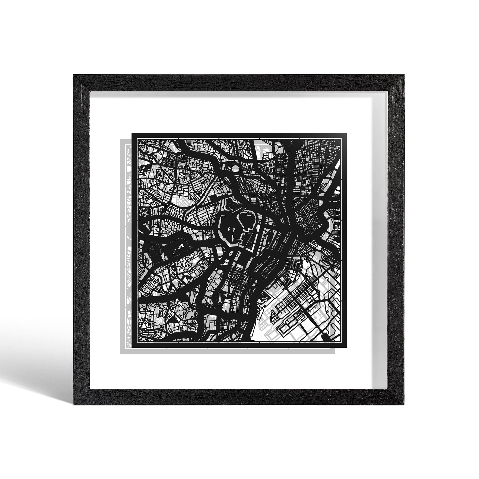 o3designstudio Tokyo Paper cut map framed 9 inch Black map Black frame map art 22MF1003BB