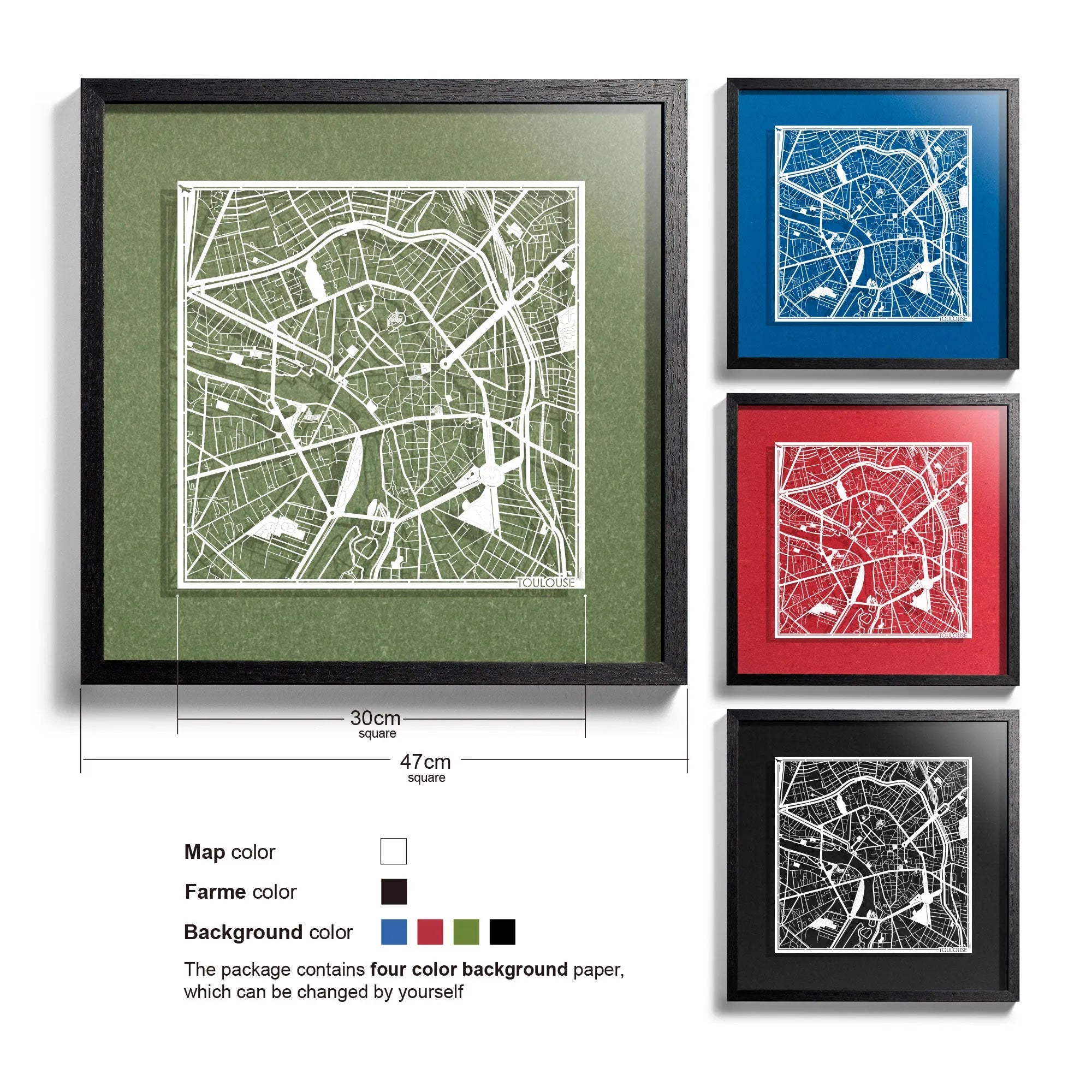 o3designstudio Toulouse-Paper-cut-map-framed-18-inch-45MF3047BW