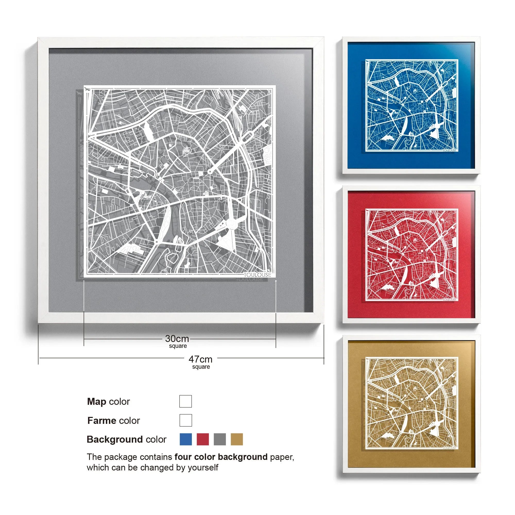 o3designstudio Toulouse-Paper-cut-map-framed-18-inch-45MF3047WW