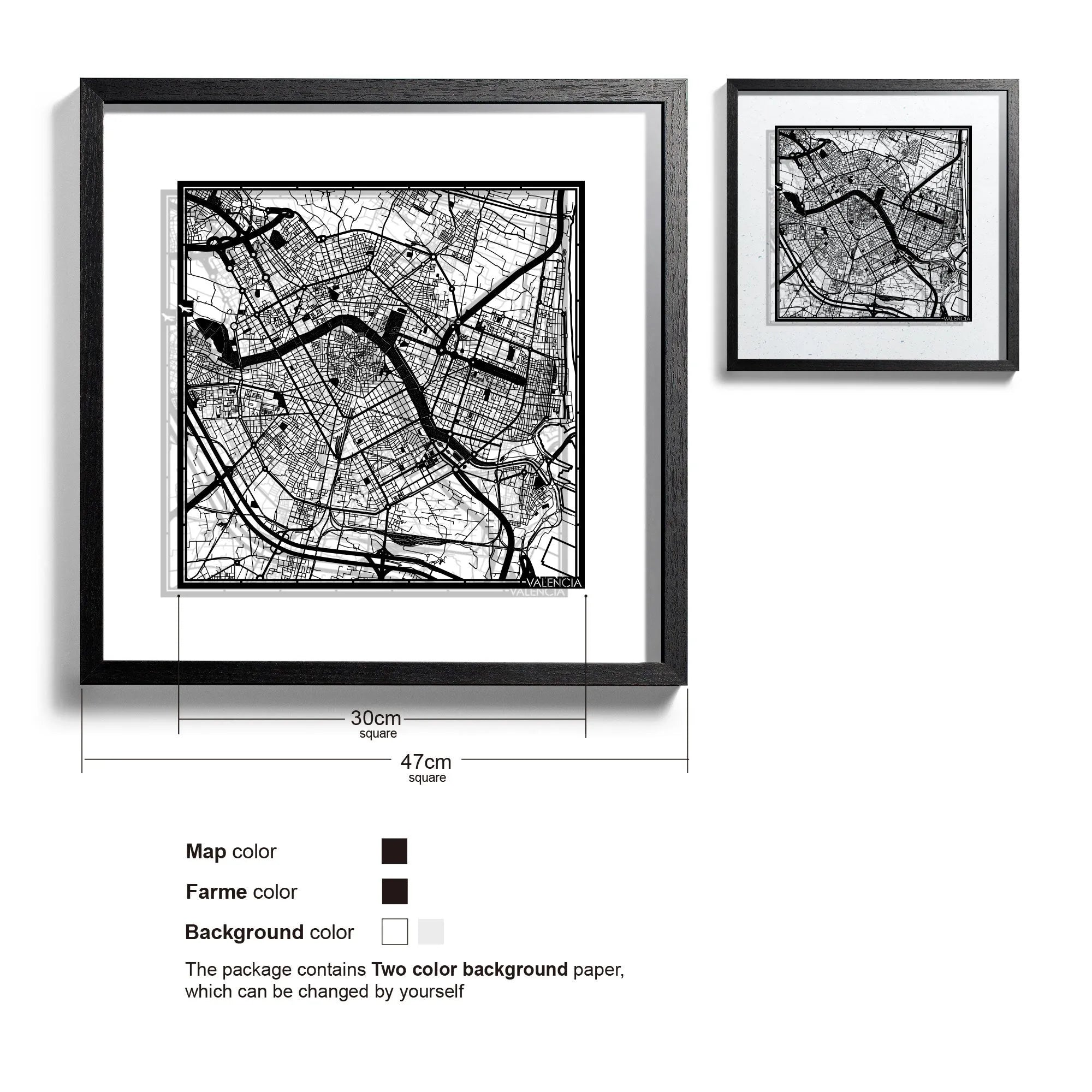 o3designstudio Valencia-Paper-cut-map-framed-18-inch-45MF3035BB