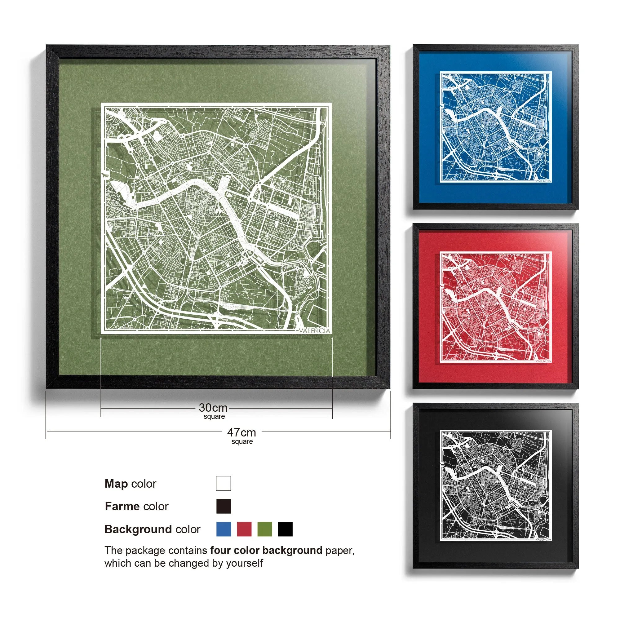 o3designstudio Valencia-Paper-cut-map-framed-18-inch-45MF3035BW