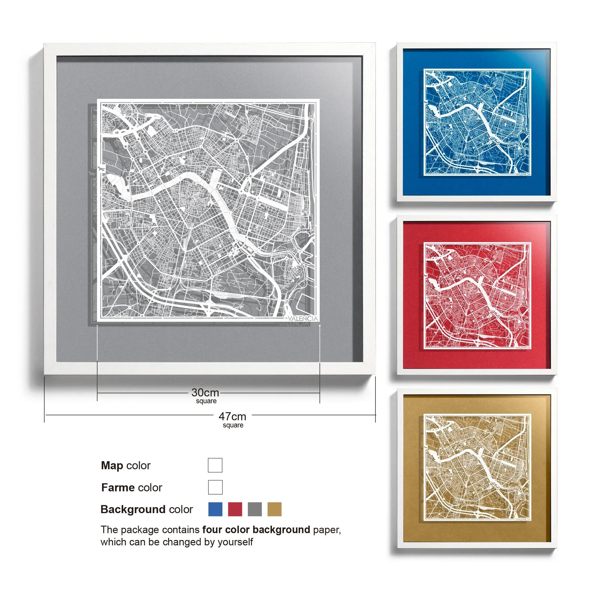 o3designstudio Valencia-Paper-cut-map-framed-18-inch-45MF3035WW