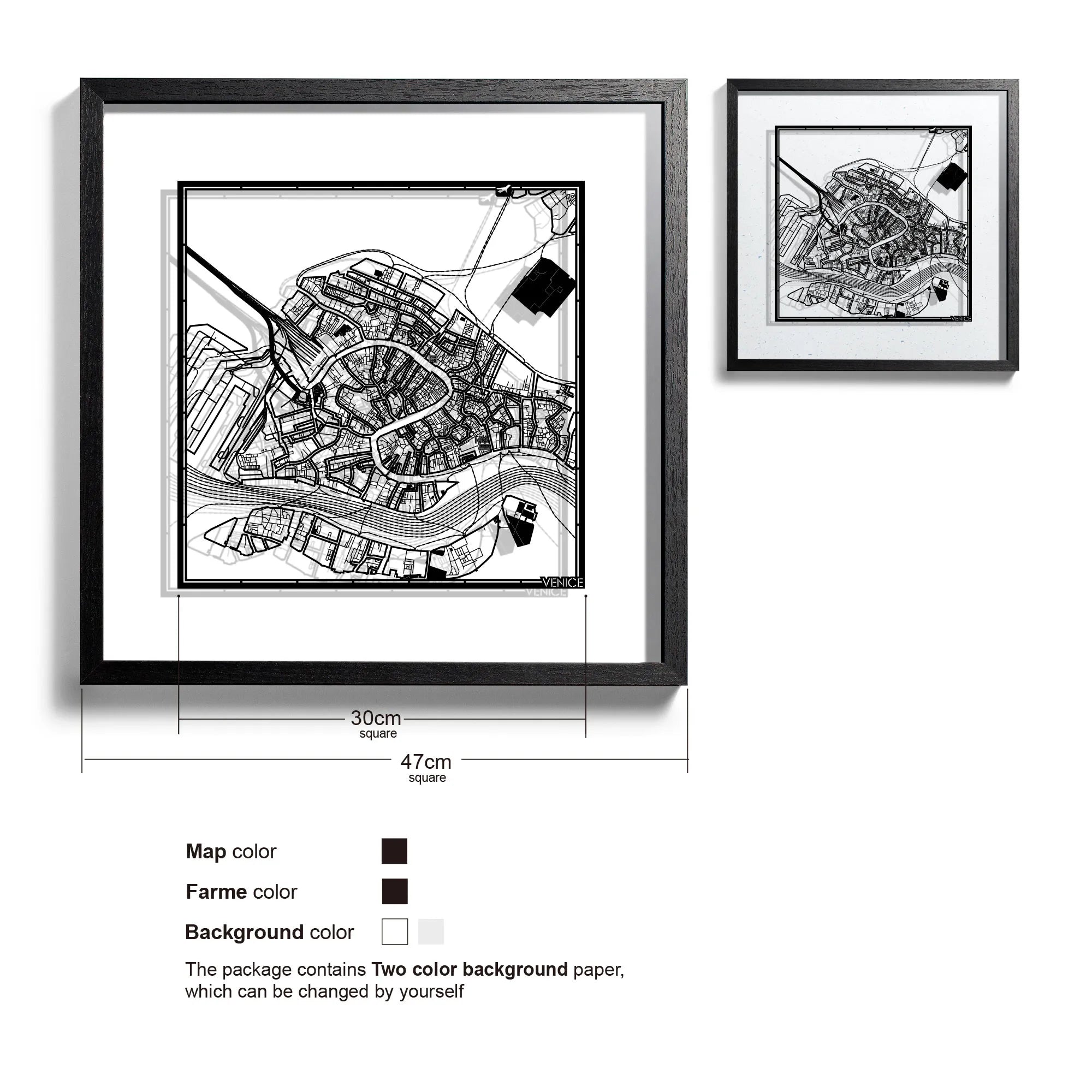 o3designstudio-Venice-Paper-cut-map-framed-18-inch-Black map / Black frame-45MF3033BB