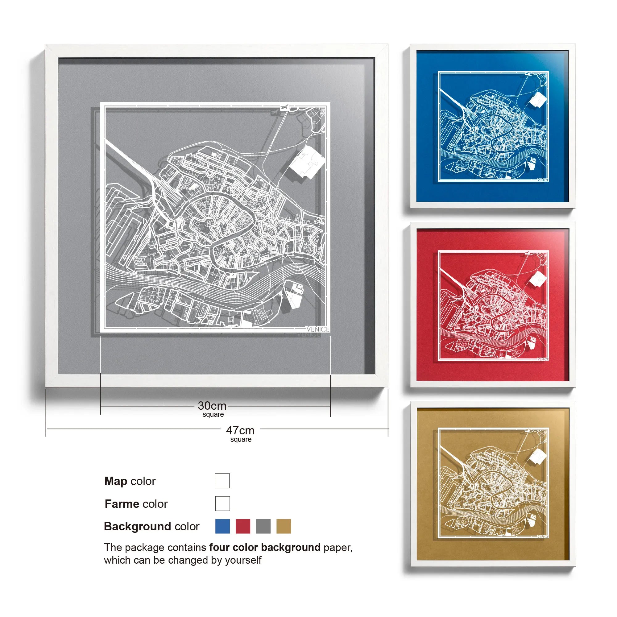 o3designstudio-Venice-Paper-cut-map-framed-18-inch-White map / White frame-45MF3033WW