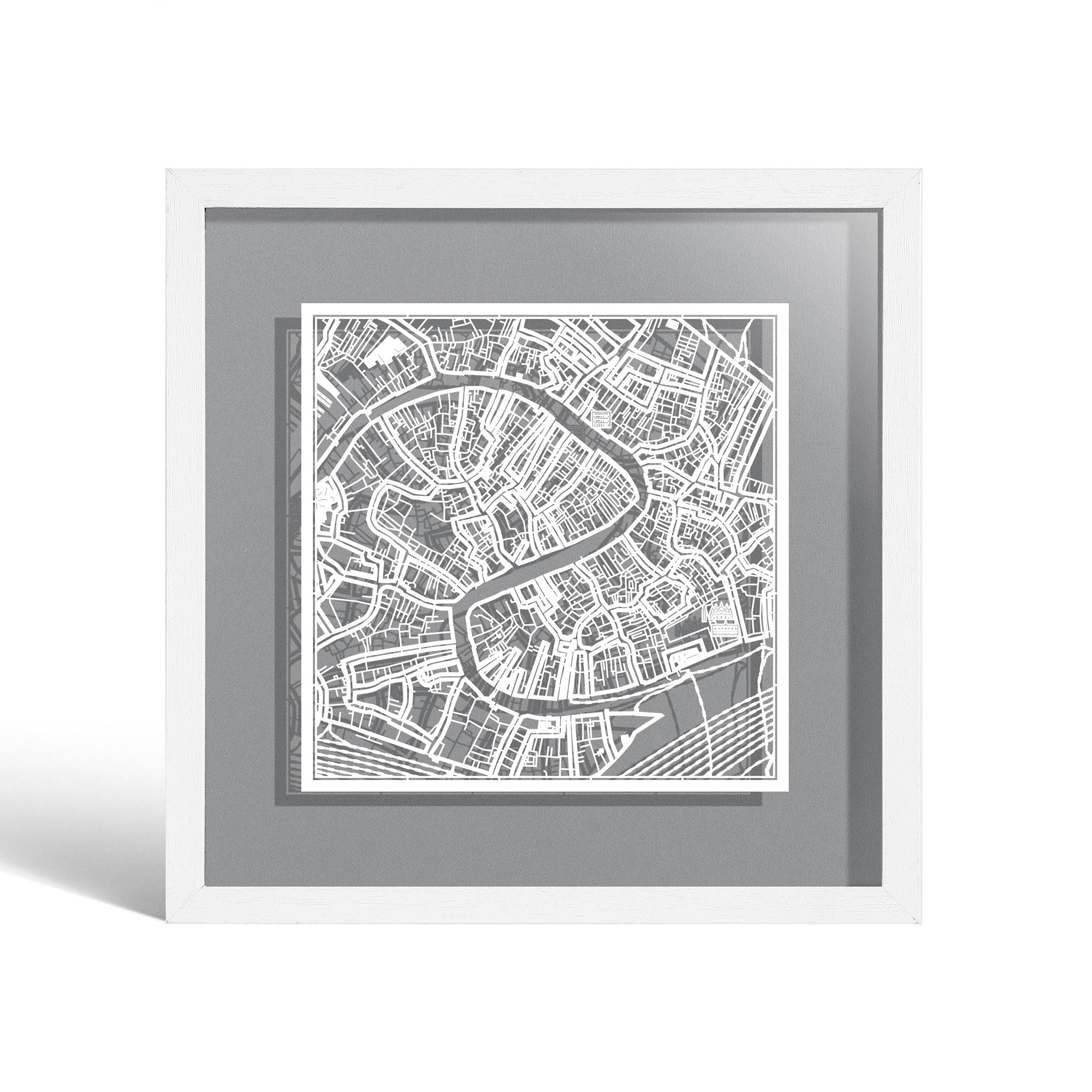 o3designstudio Venice Paper cut map framed 9 inch White map White frame map art 22MF3033WW