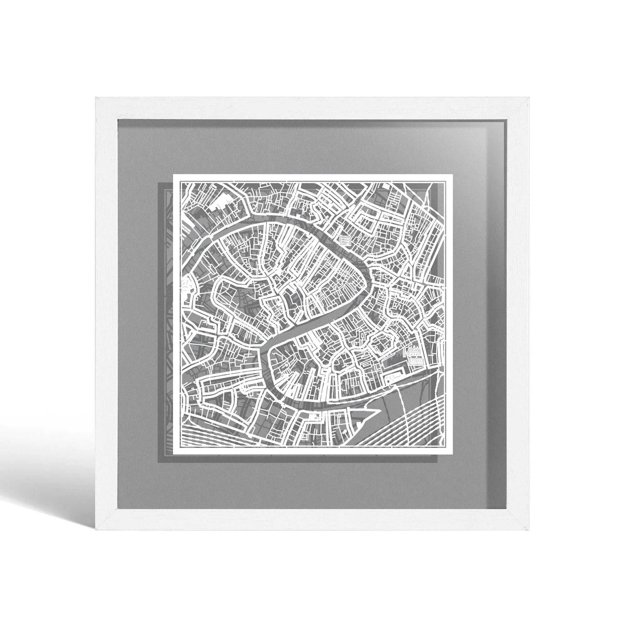 o3designstudio Venice Paper cut map framed 9 inch White map White frame map art 22MF3033WW