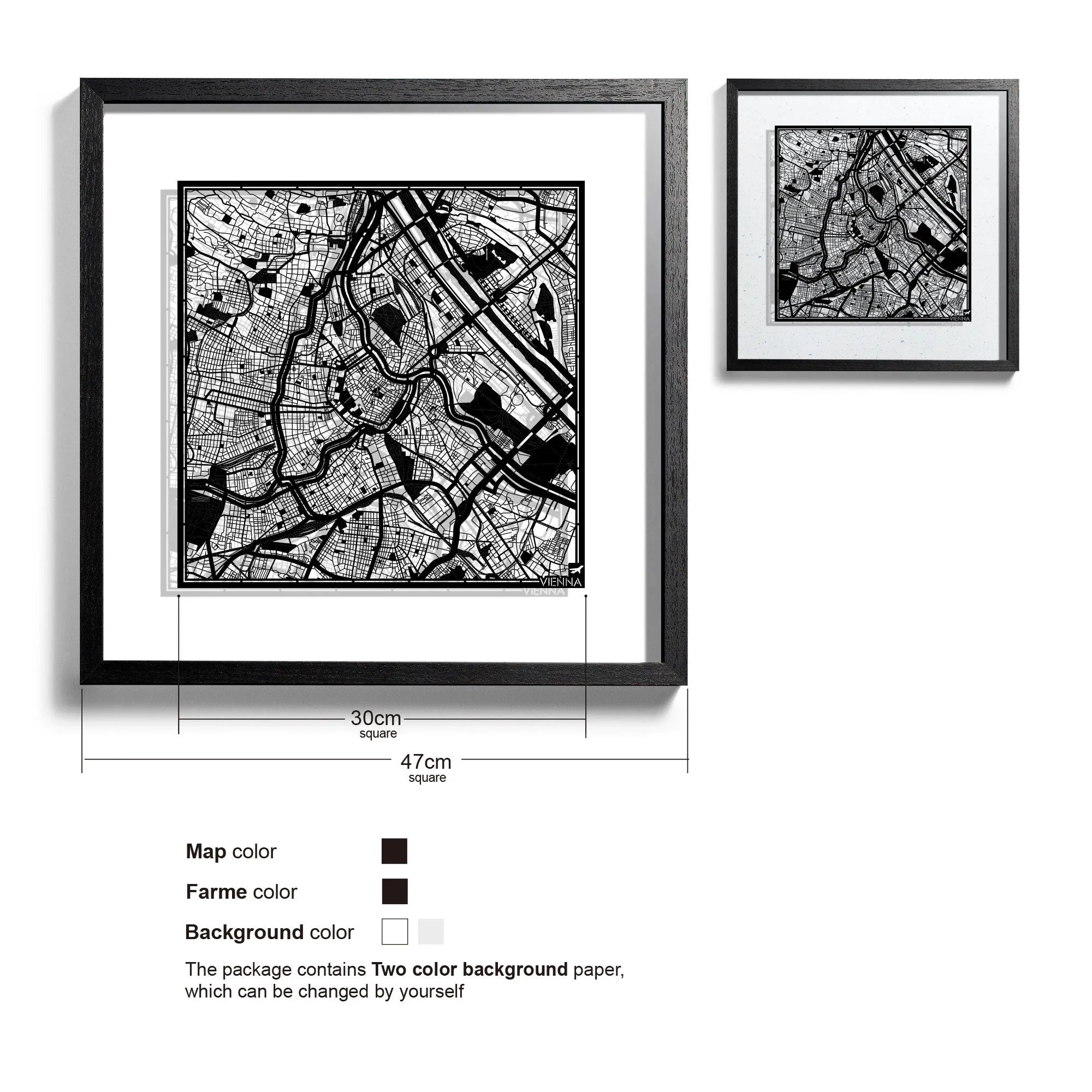 o3designstudio-Vienna-Paper-cut-map-framed-18-inch-Black map Black frame-45MF3006BB