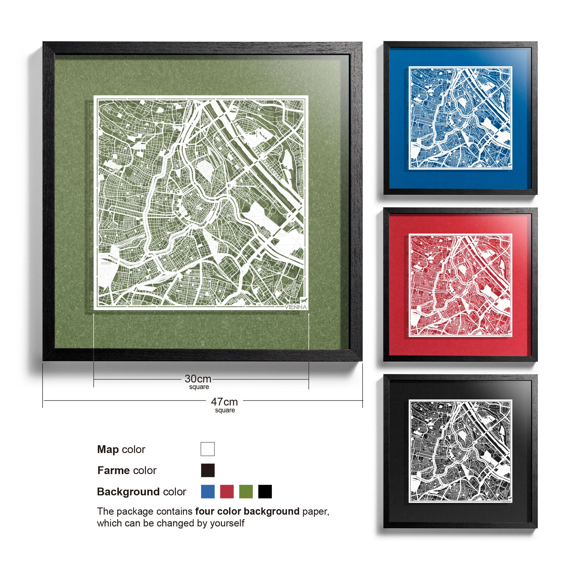 o3designstudio-Vienna-Paper-cut-map-framed-18-inch-White map Black frame-45MF3006BW