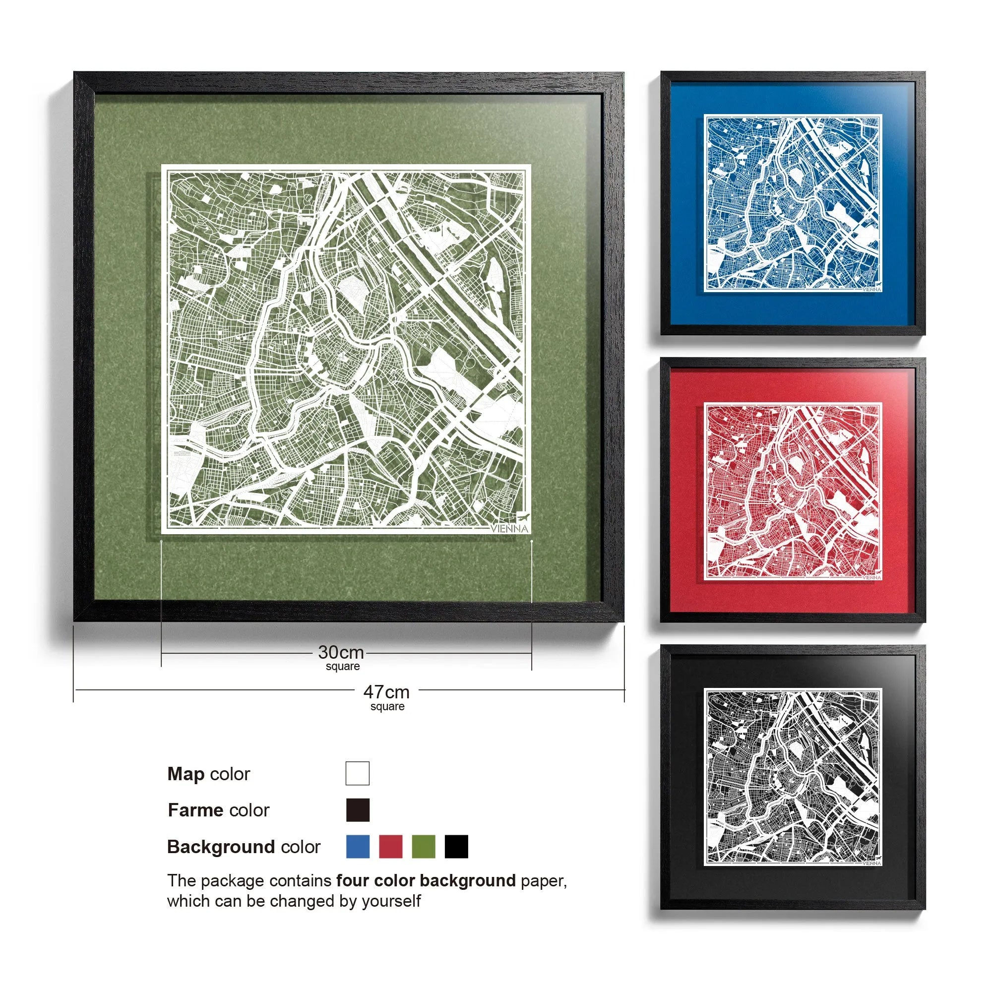 o3designstudio-Vienna-Paper-cut-map-framed-18-inch-White map Black frame-45MF3006BW