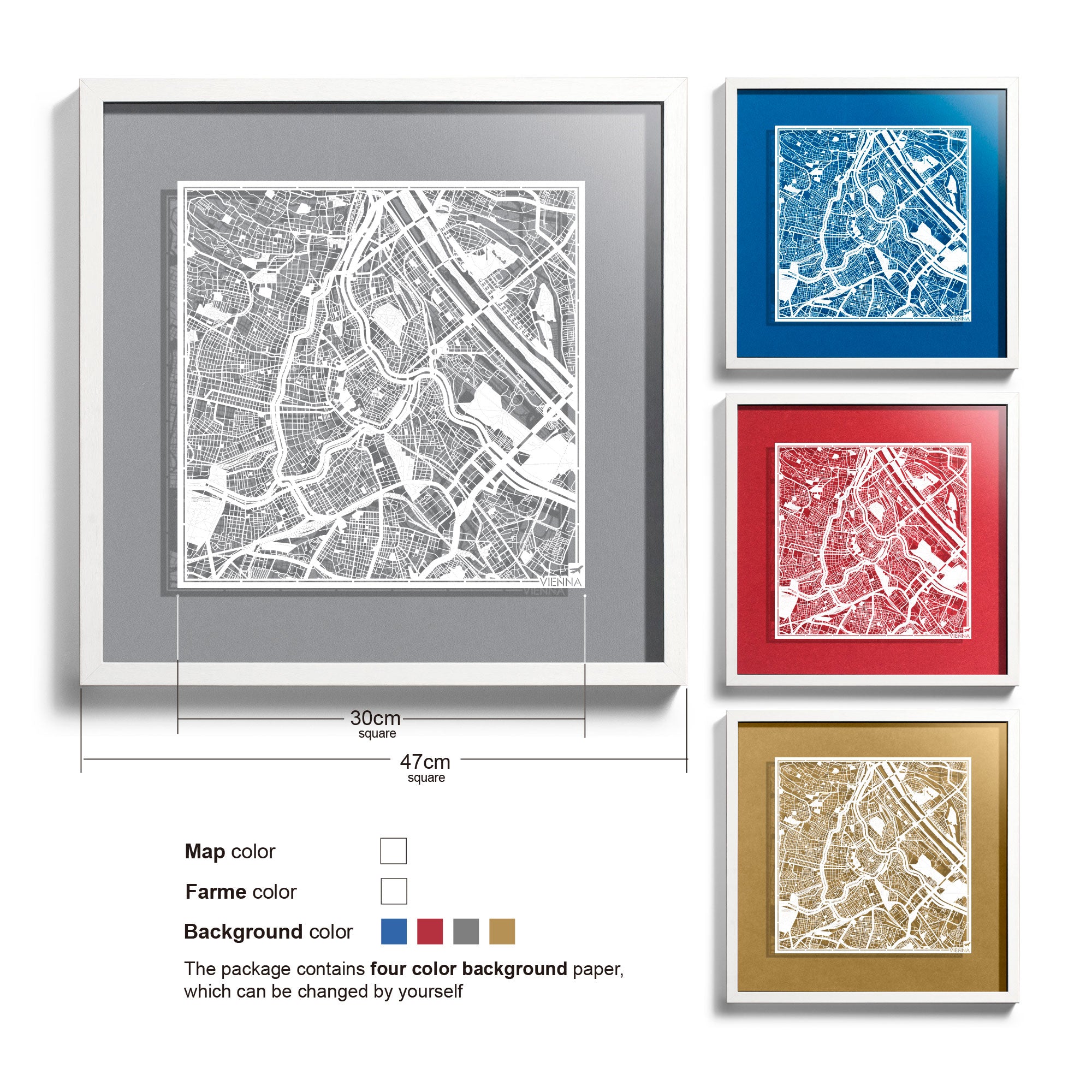 o3designstudio-Vienna-Paper-cut-map-framed-18-inch-White map White frame-45MF3006WW