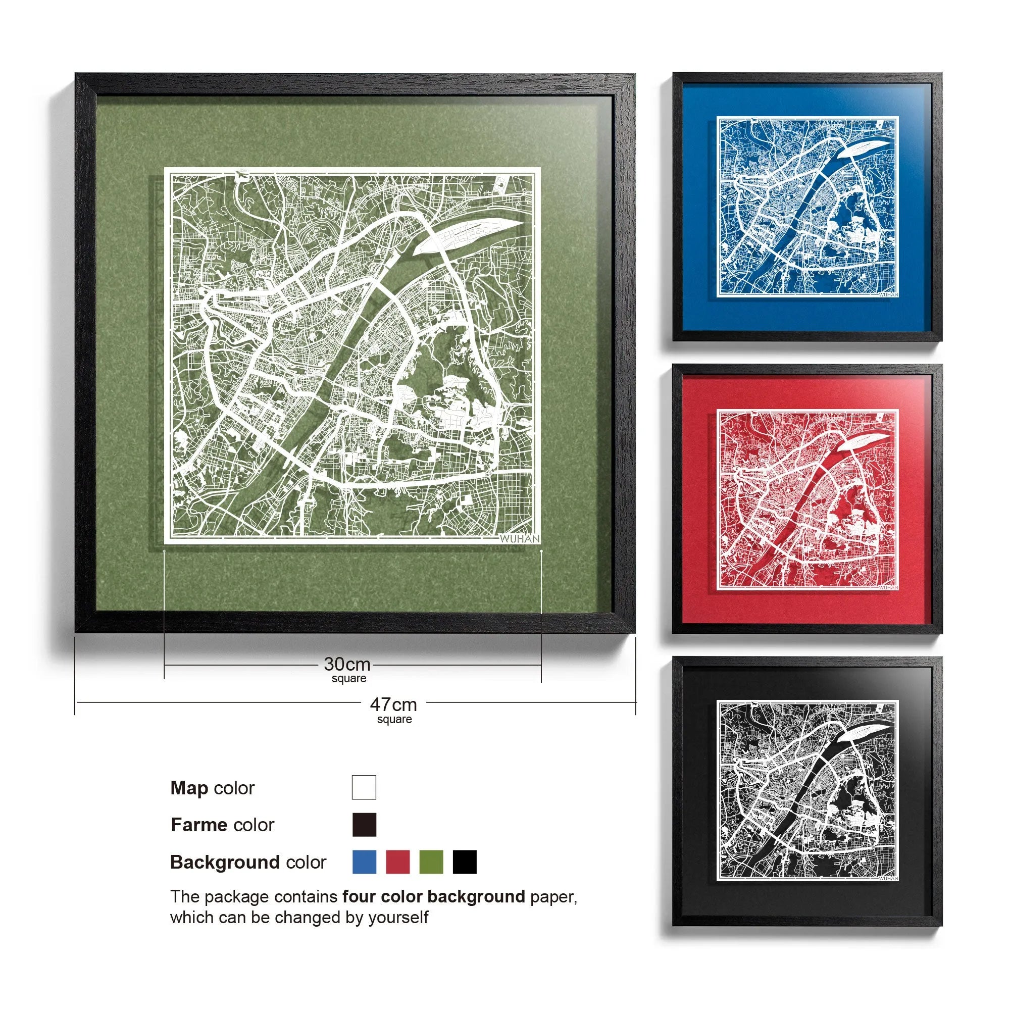 o3designstudio-Wuhan-Paper-cut-map-framed-18-inch-White map Black frame- 45MF1041BW