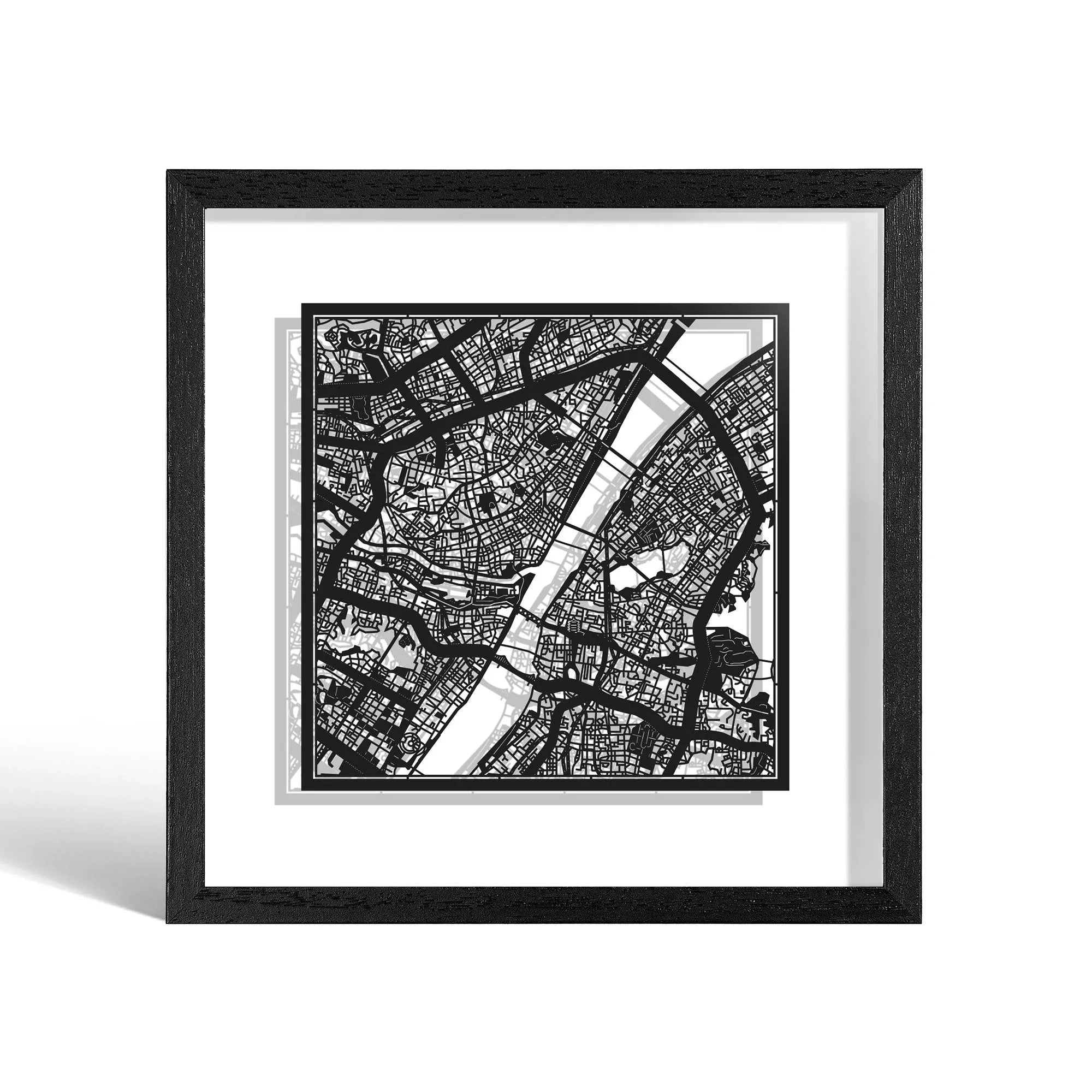 o3designstudio Wuhan Paper cut map framed 9 inch Black map Black frame map art 22MF1041BB