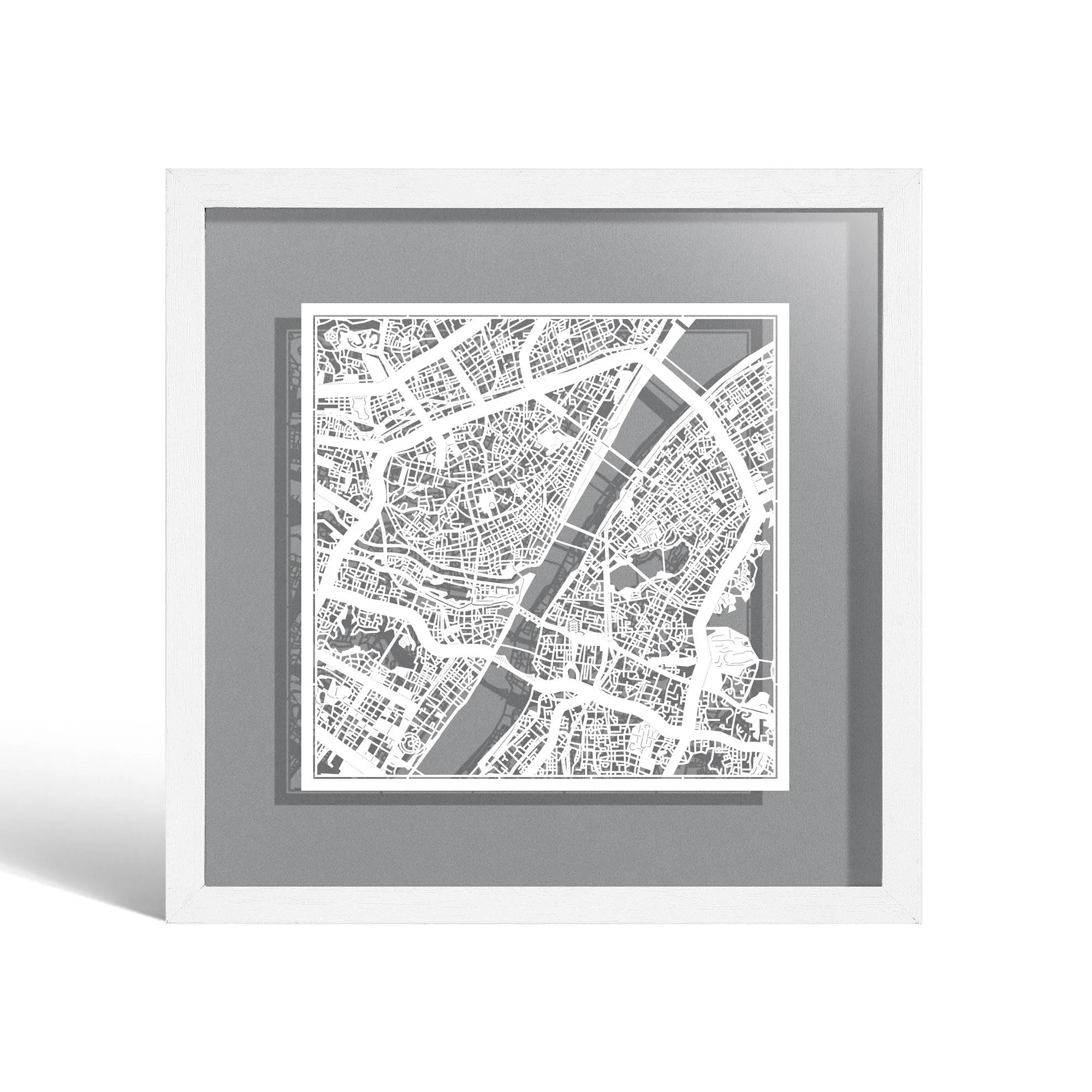 o3designstudio Wuhan Paper cut map framed 9 inch White map White frame map art 22MF1041WW