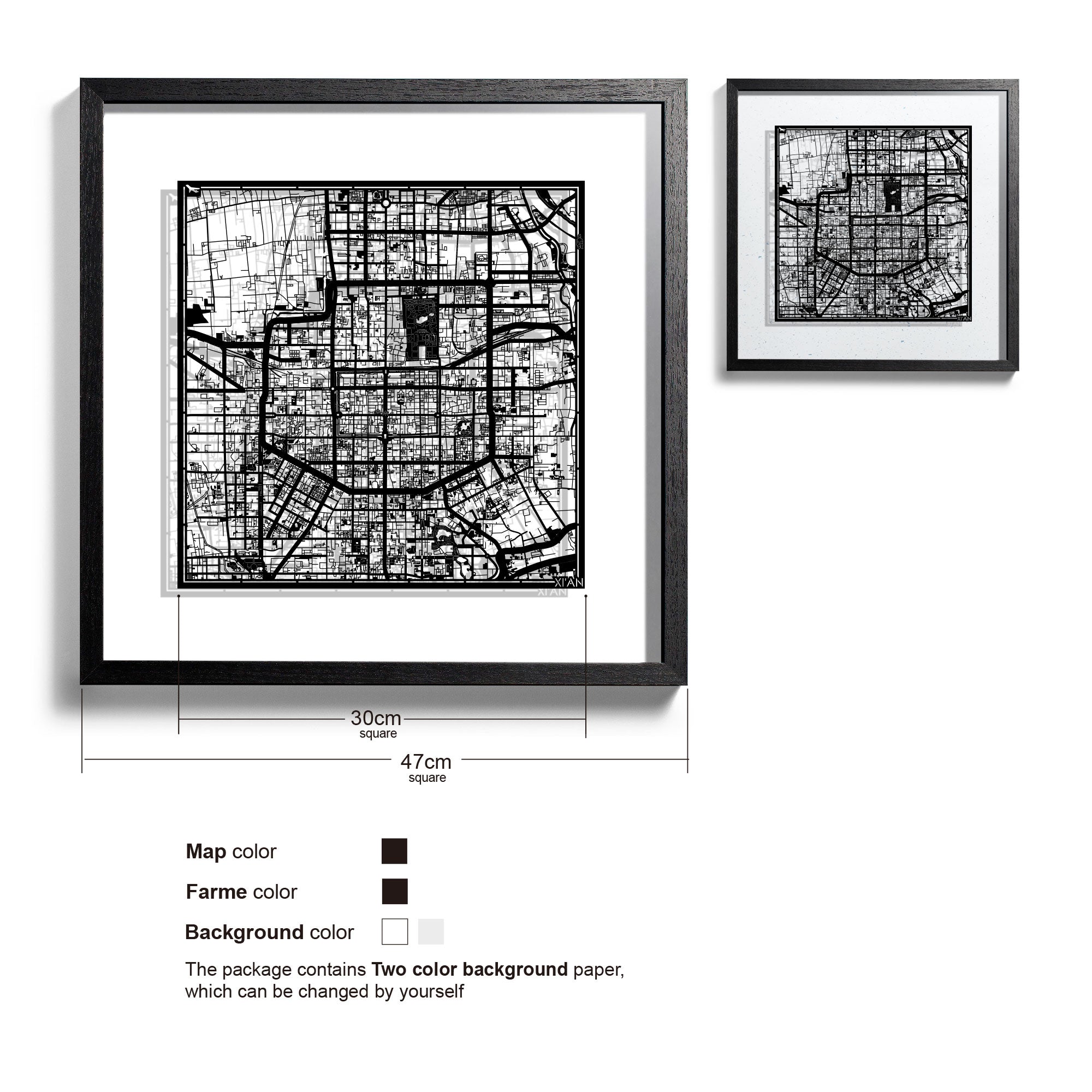 o3designstudio-Xi'an-Paper-cut-map-framed-18-inch-Black map Black frame- 45MF10 45BB