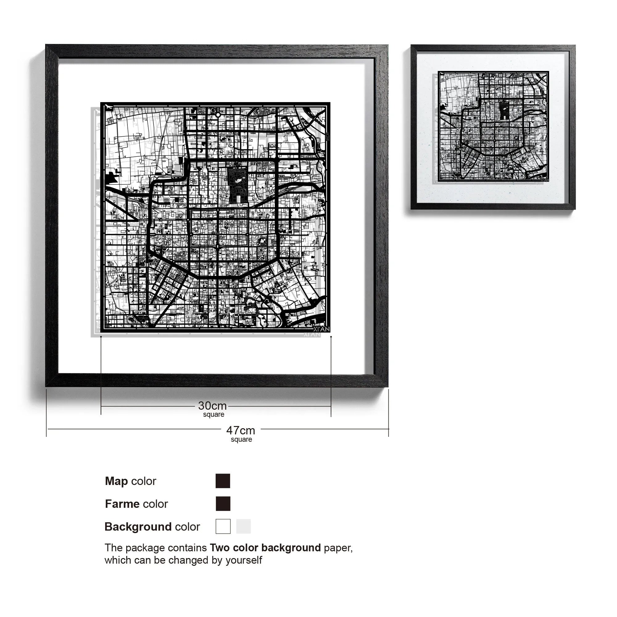 o3designstudio-Xi'an-Paper-cut-map-framed-18-inch-Black map Black frame- 45MF10 45BB