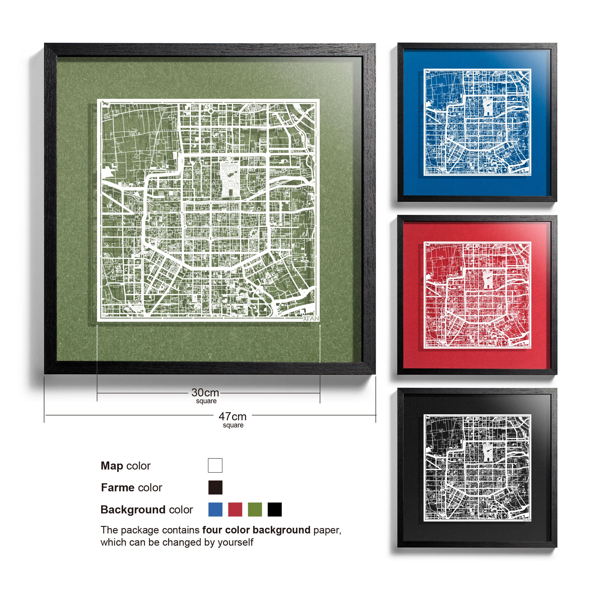 o3designstudio-Xi'an-Paper-cut-map-framed-18-inch-White map Black frame- 45MF10 45BW