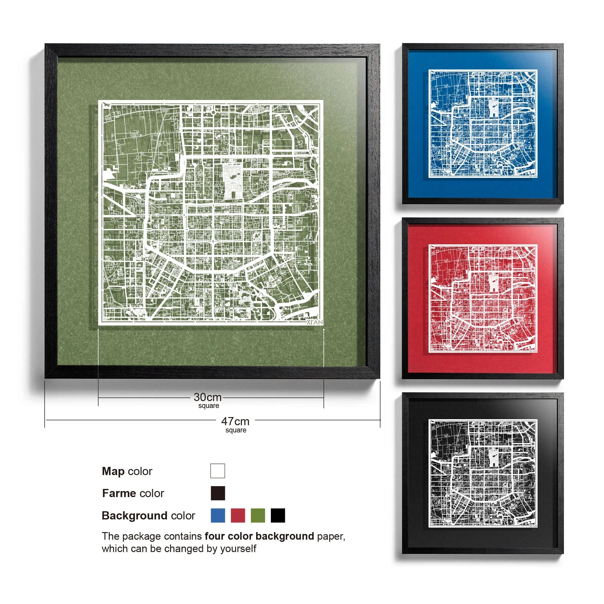 o3designstudio-Xi'an-Paper-cut-map-framed-18-inch-White map Black frame- 45MF10 45BW