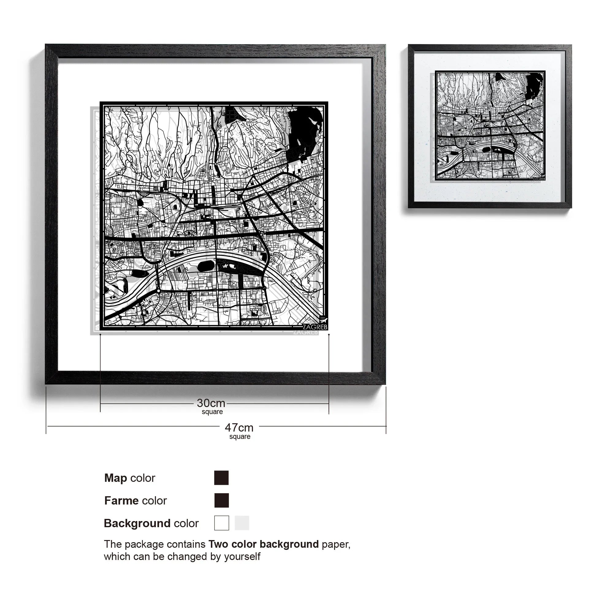 o3designstudio-Zagreb-Paper-cut-map-framed-18-inch-White map / White frame-45MF3062WW