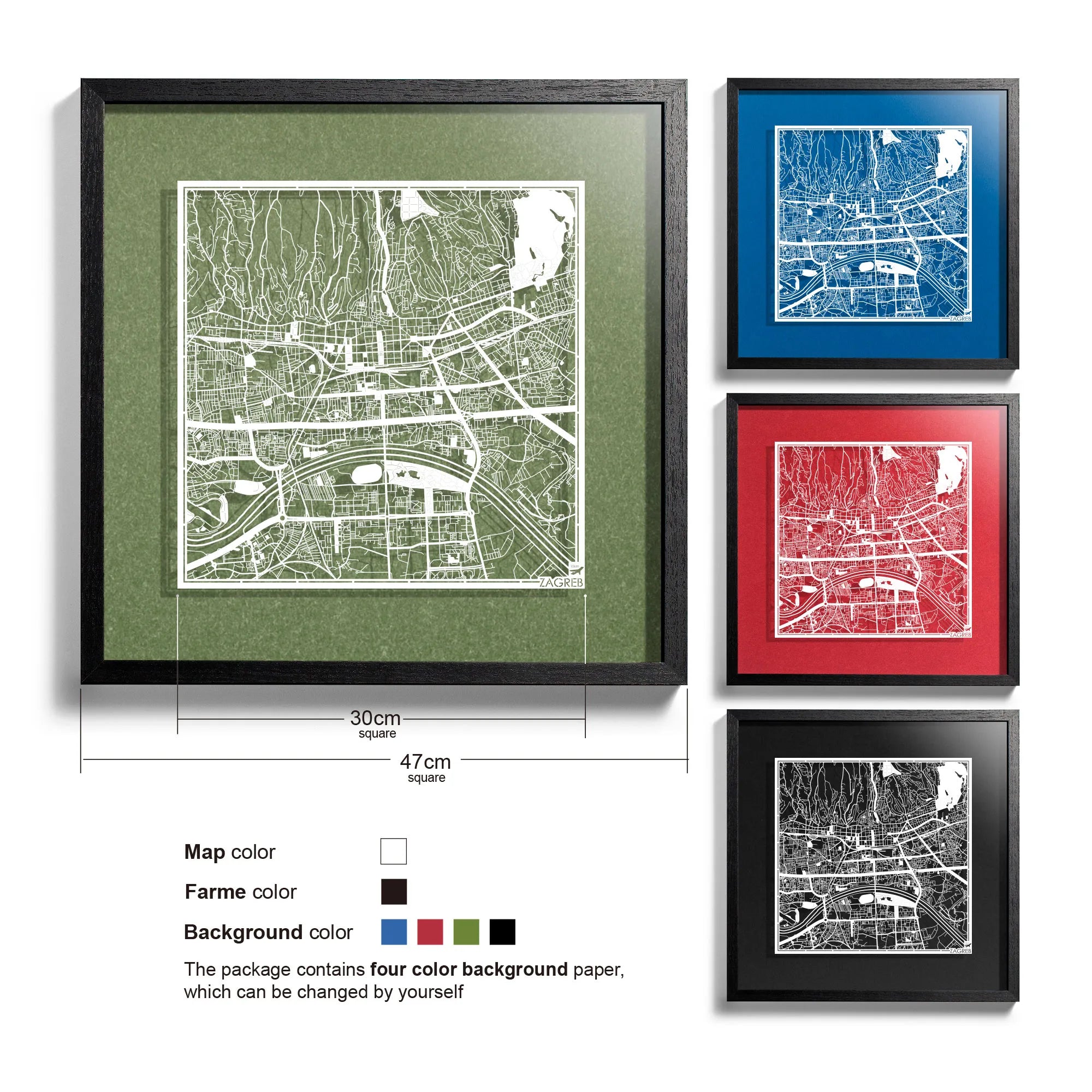 o3designstudio-Zagreb-Paper-cut-map-framed-18-inch-White map / Black frame-45MF3062BW