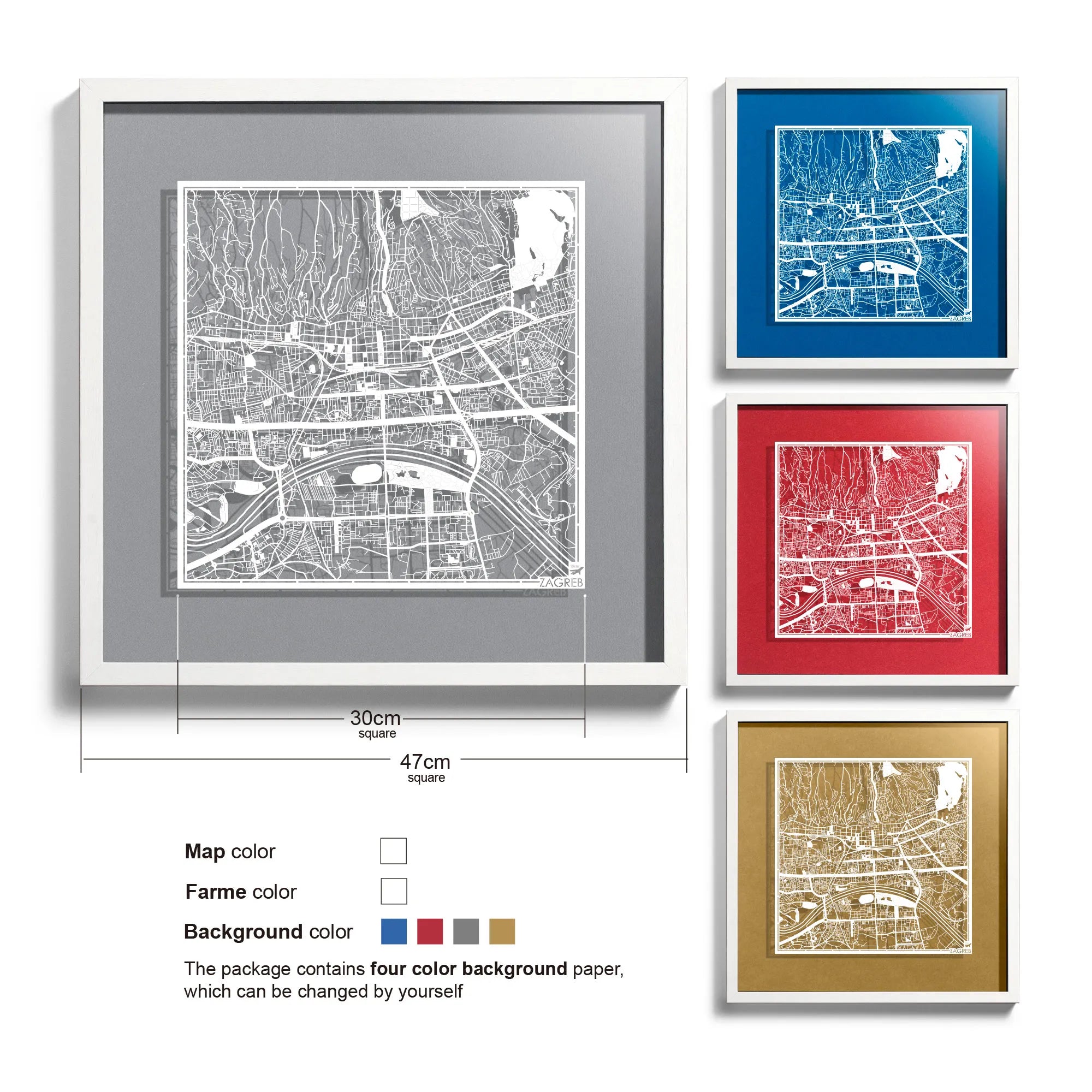 o3designstudio-Zagreb-Paper-cut-map-framed-18-inch-Black map / Black frame-45MF3062BB