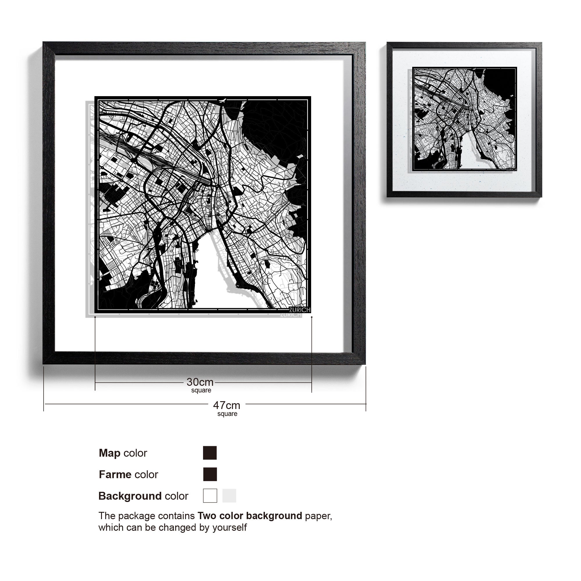 o3designstudio-Zurich-Paper-cut-map-framed-18-inch-Black map Black frame-45MF3020BB