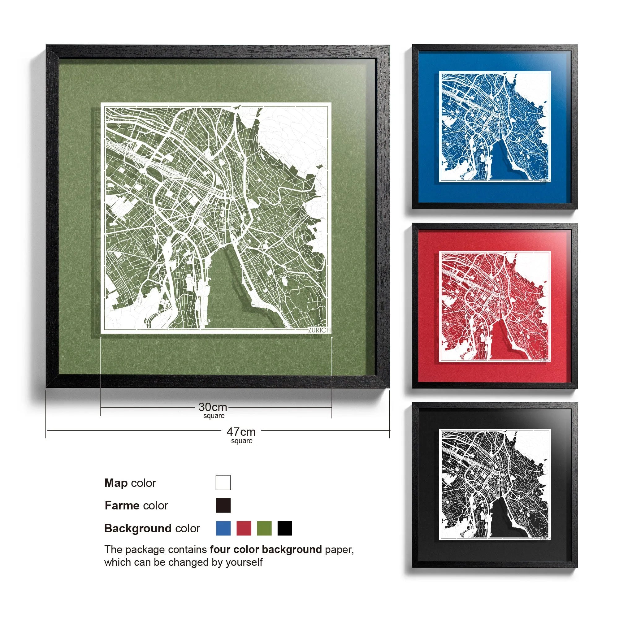 o3designstudio-Zurich-Paper-cut-map-framed-18-inch-White map Black frame-45MF3020BW