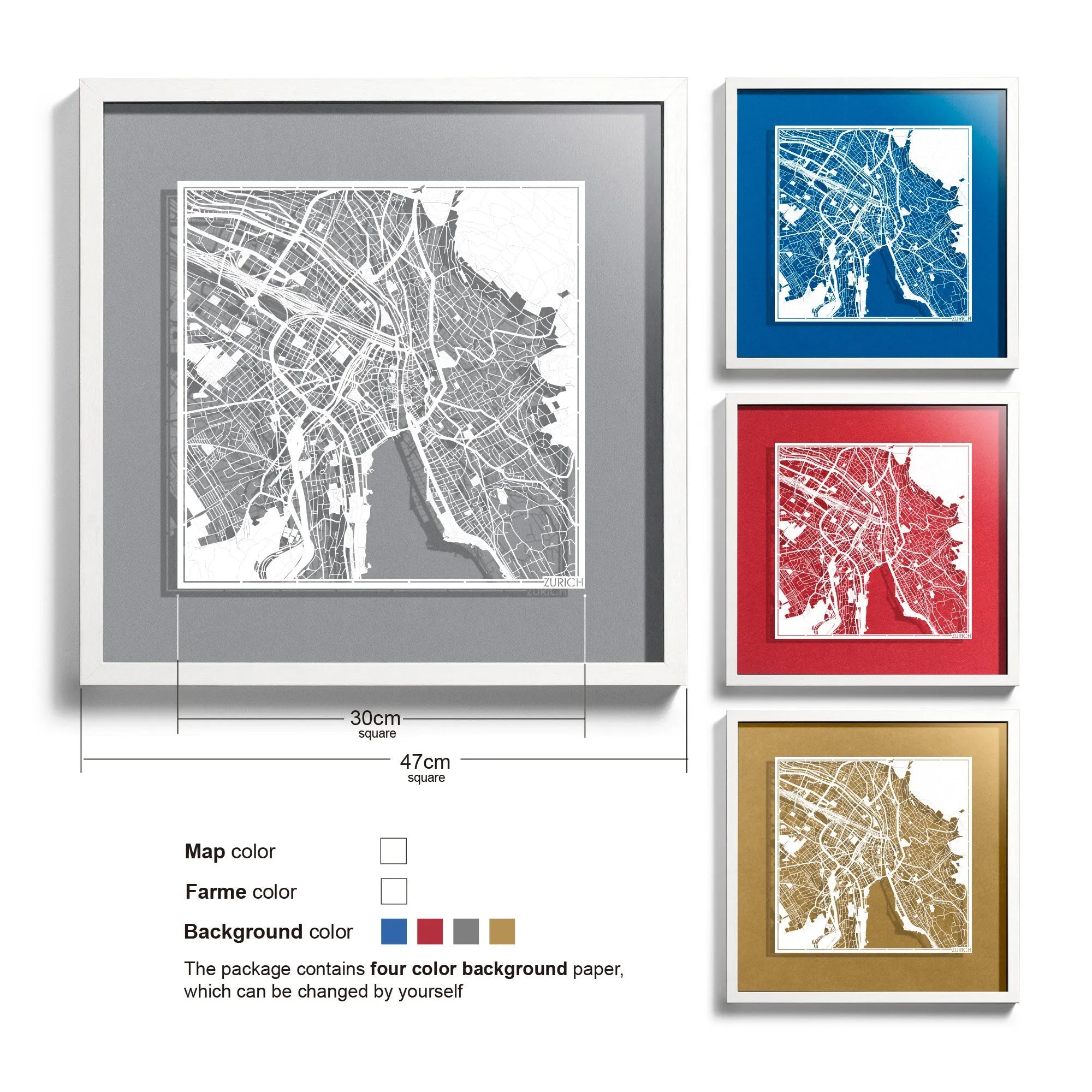 o3designstudio-Zurich-Paper-cut-map-framed-18-inch-White map White frame-45MF3020WW
