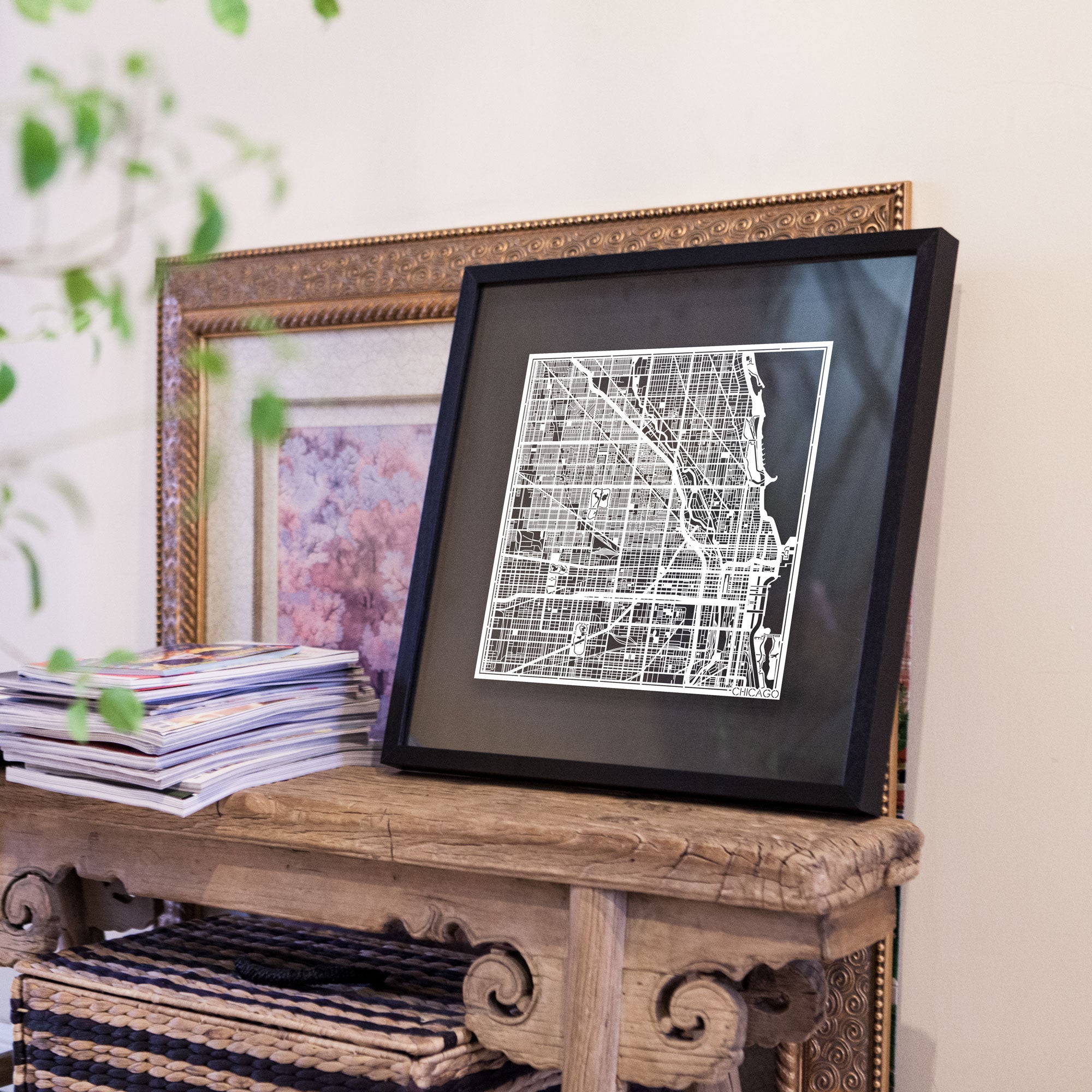 o3designstudio-chicago-Paper-cut-map-framed-18-inch-White-map-Black-frame-map-scene-art-45MF2003BW