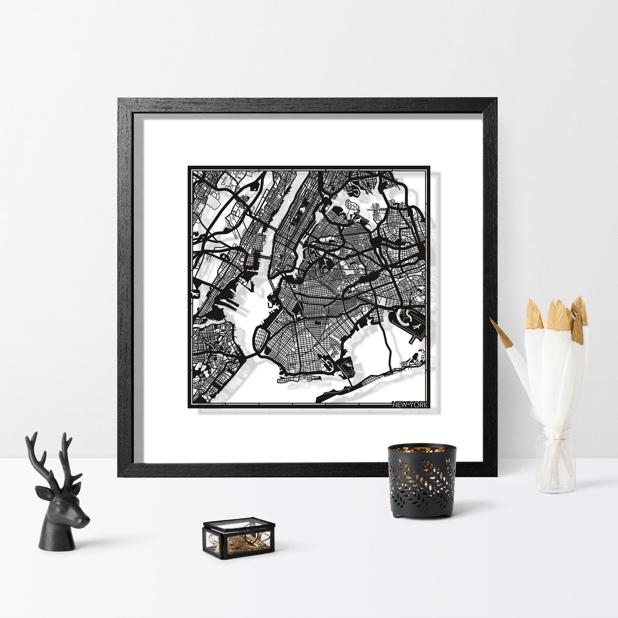 o3designstudio-new-york-Paper-cut-map-framed-18-inch-White-map-Black-frame-map-scene-art-45MF2003BB