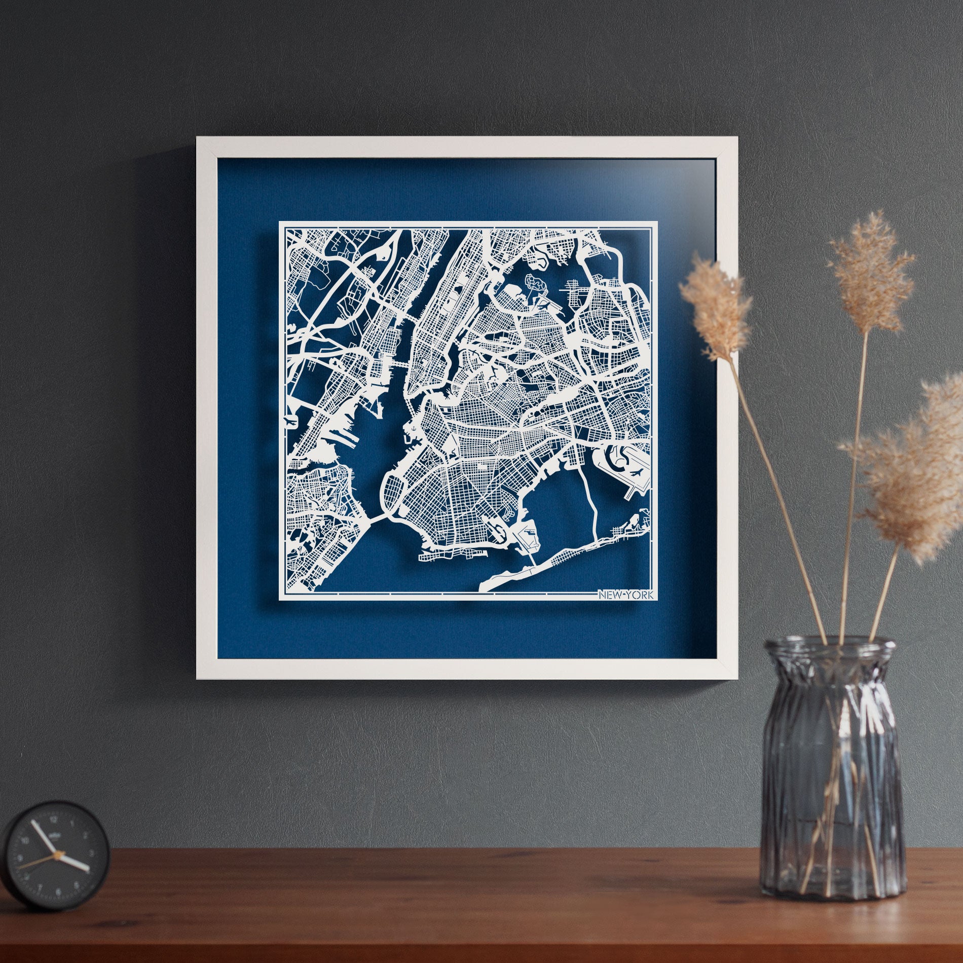 o3designstudio-new-york-Paper-cut-map-framed-18-inch-White-map-White-frame-map-scene-art-45MF2003WW