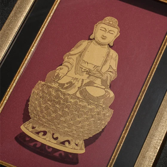 Paper-cut Buddha statue, Framed - red background o3designstudio Close-up view