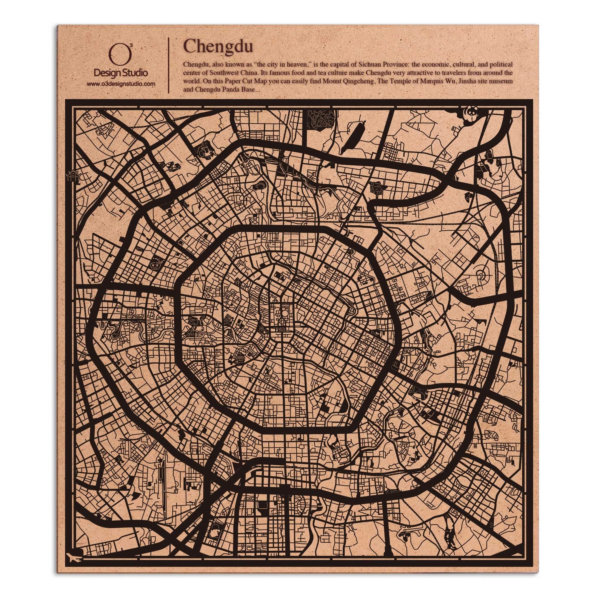 o3designstudio paper cut map Chengdu Black map art MU1025B