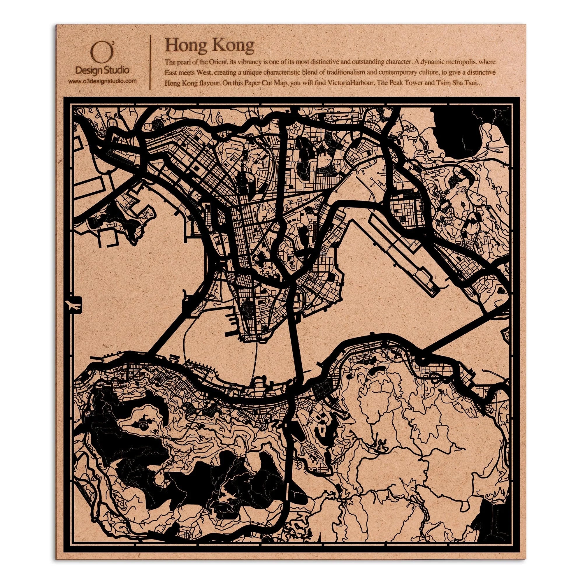 o3designstudio paper cut map Hong Kong Black map art MU1005B
