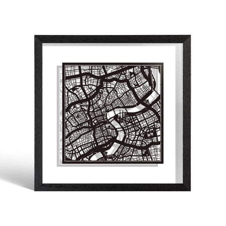 o3designstudio Shanghai Paper cut map framed 9 inch Black map Black frame map art 22MF1002BB