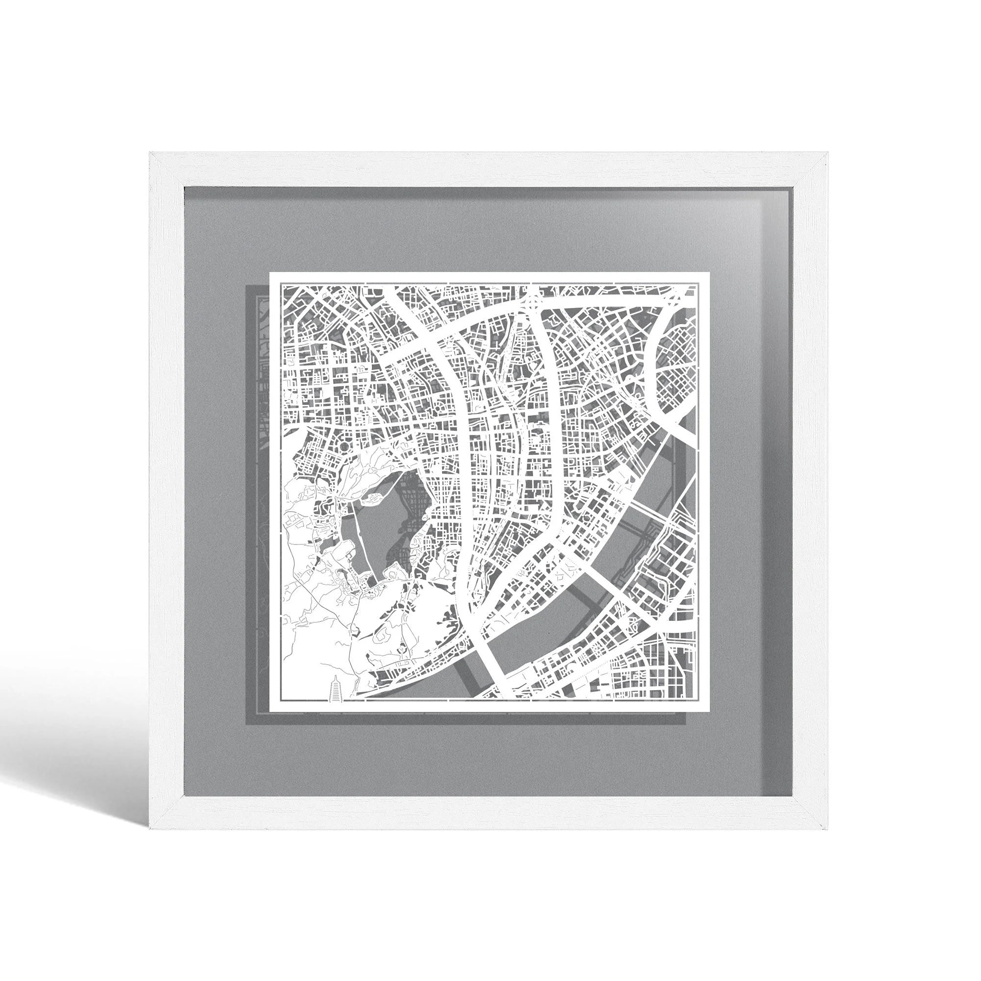 o3designstudio Hangzhou Paper cut map framed 9 inch White map White frame map art 22MF1027WW