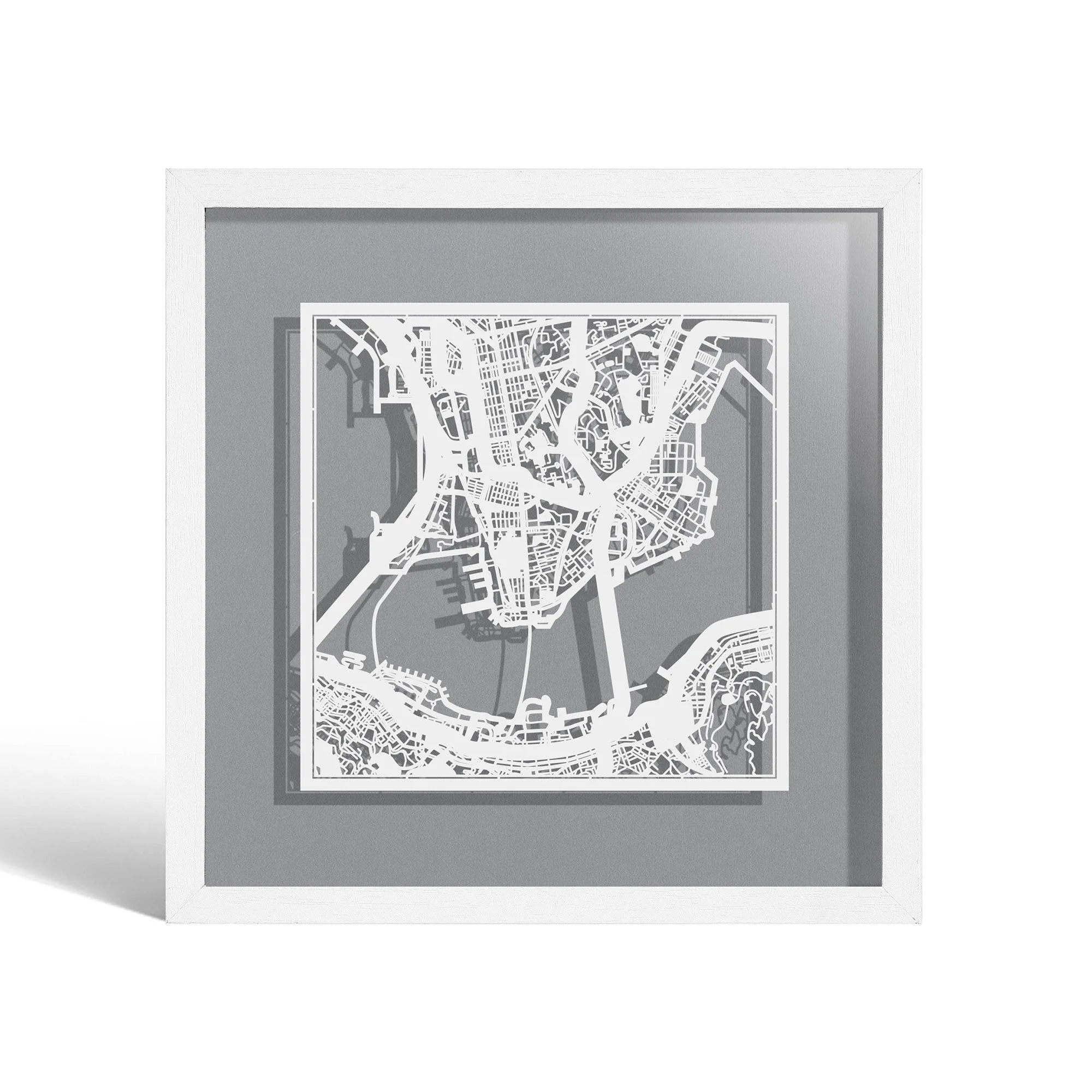 o3designstudio Hong Kong Paper cut map framed 9 inch White map White frame map art 22MF1005WW