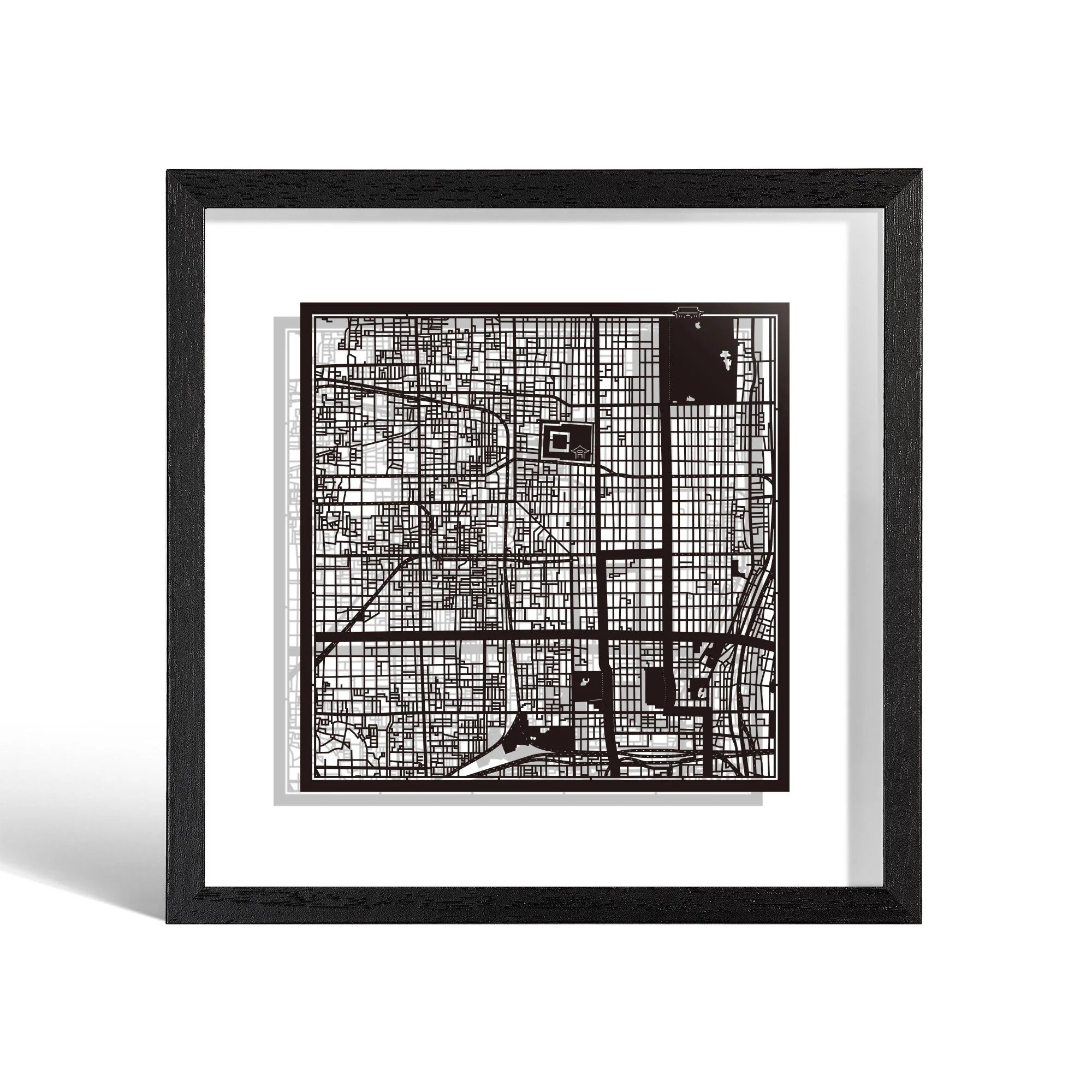 o3designstudio Kyoto Paper cut map framed 9 inch Black map Black frame map art 22MF1020BB