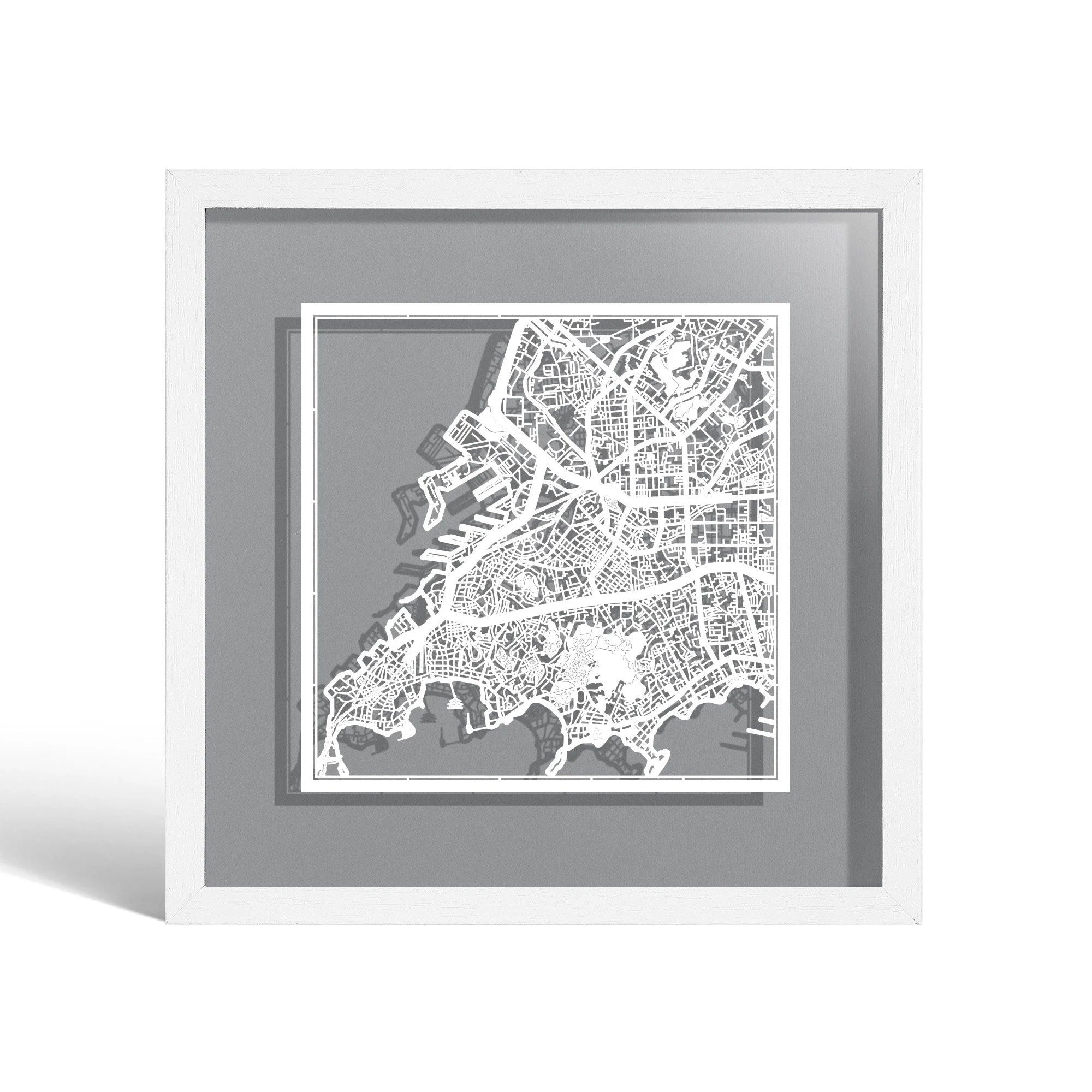 o3designstudio Qingdao Paper cut map framed 9 inch White map White frame map art 22MF1050WW