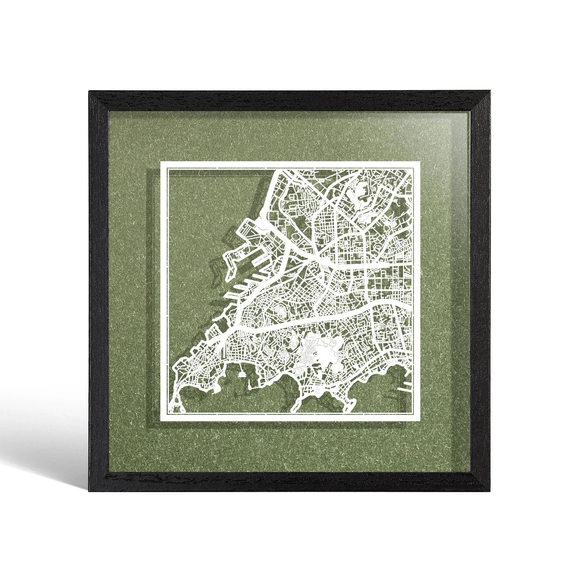 o3designstudio Qingdao Paper cut map framed 9 inch White map Black frame map art 22MF1050BW
