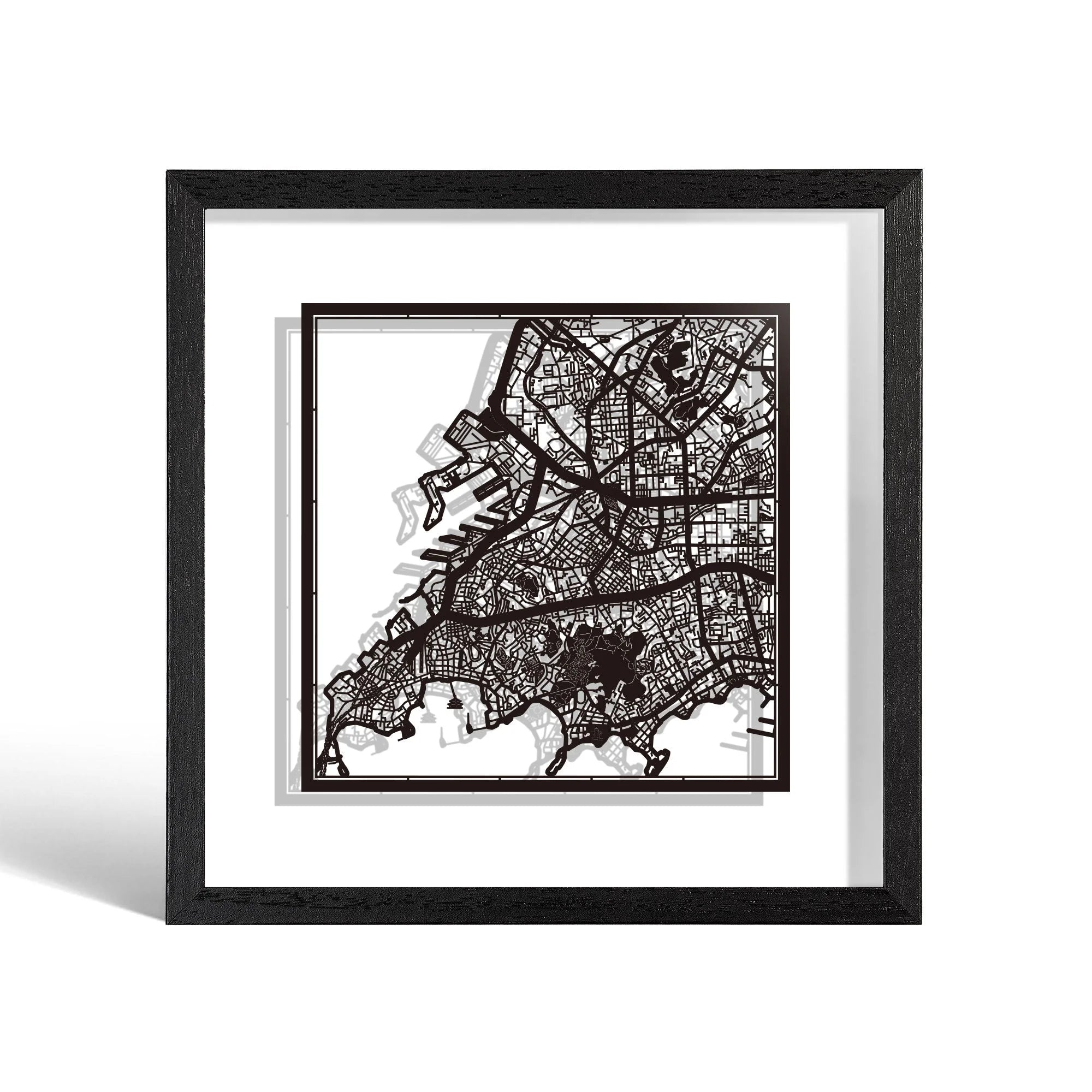 o3designstudio Qingdao Paper cut map framed 9 inch Black map Black frame map art 22MF1050BB