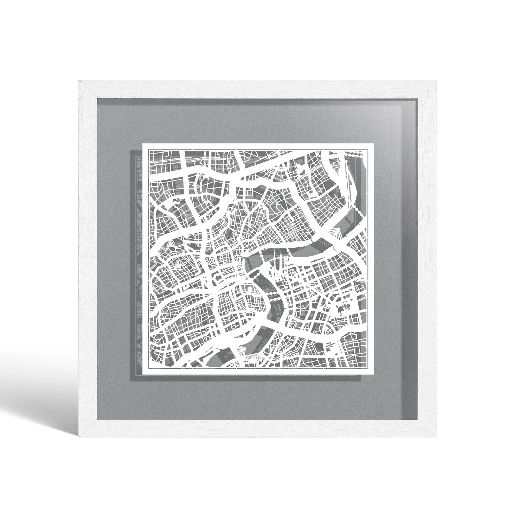 o3designstudio Shanghai Paper cut map framed 9 inch White map White frame map art 22MF1002WW