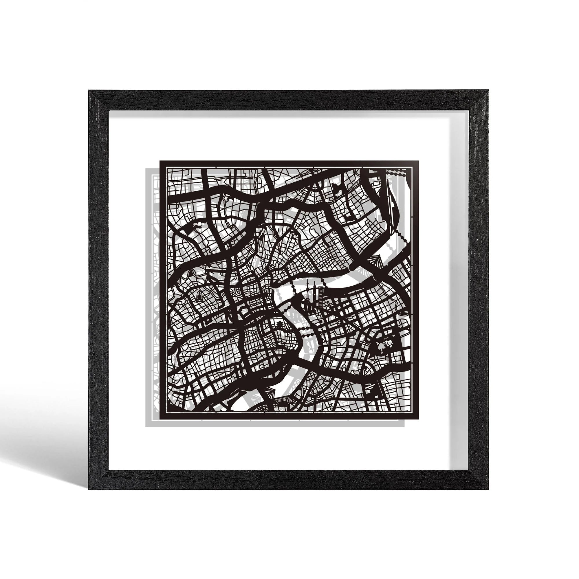 o3designstudio Shanghai Paper cut map framed 9 inch Black map Black frame map art 22MF1002BB