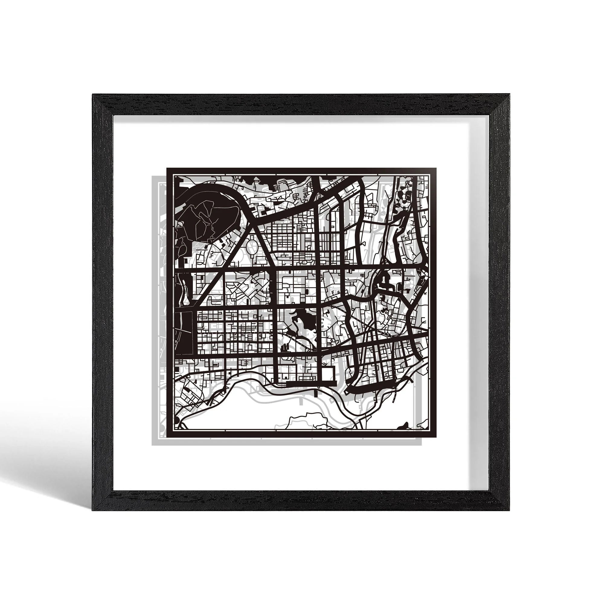 o3designstudio Shenzhen Paper cut map framed 9 inch Black map Black frame map art 22MF1037BB