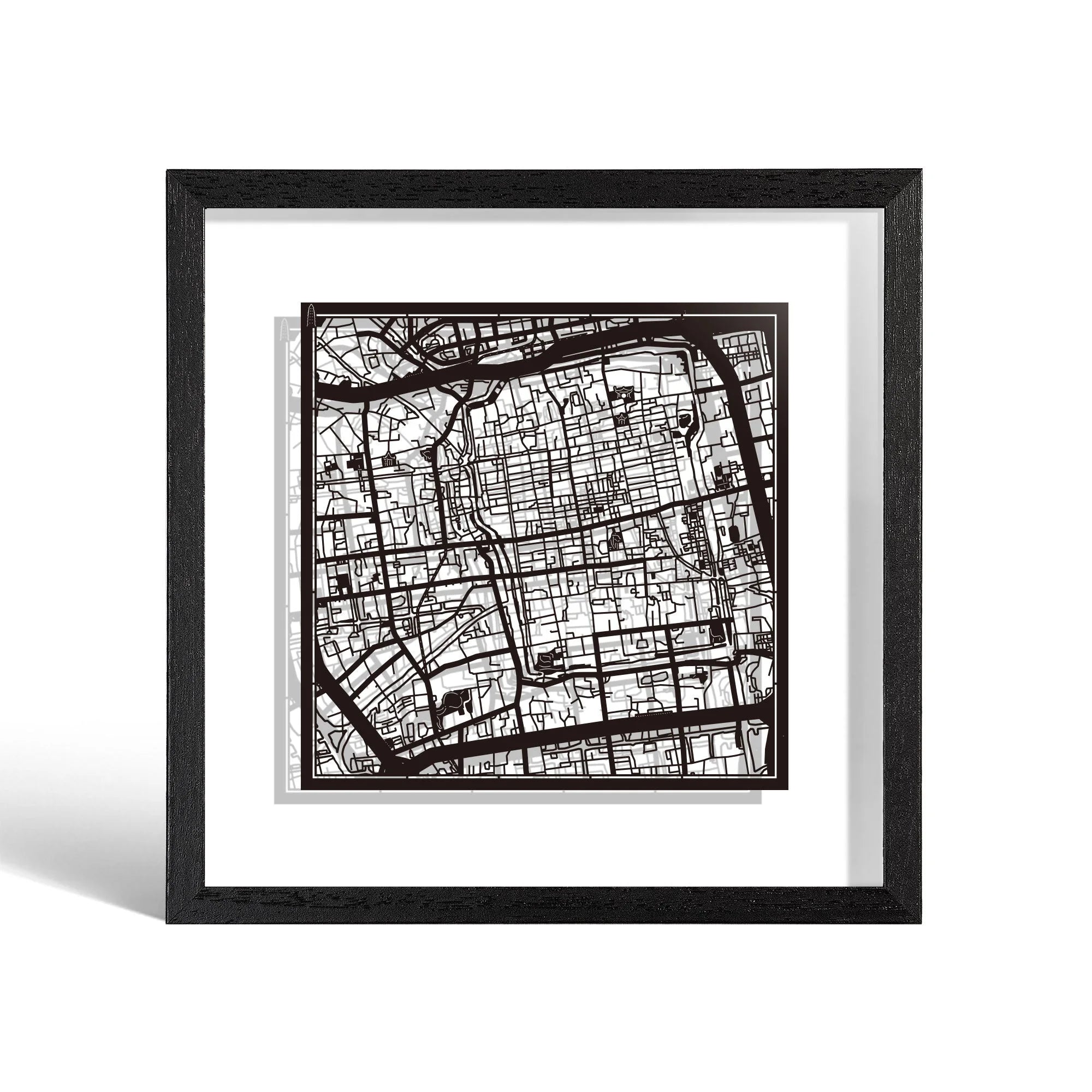 o3designstudio Suzhou Paper cut map framed 9 inch Black map Black frame map art 22MF1021BB